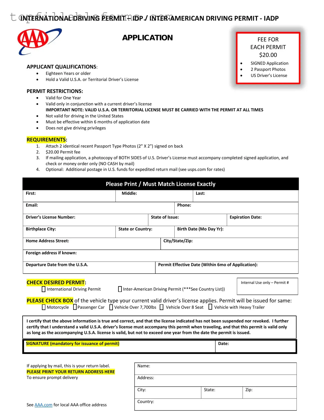 Printable Aaa International Driving Permit Application Form in PDF