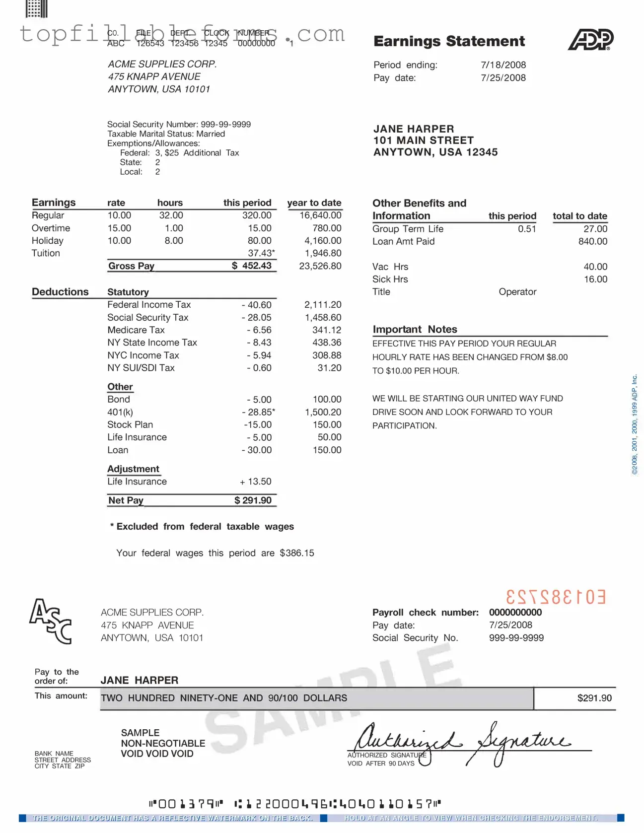 Printable Adp Pay Stub Form in PDF