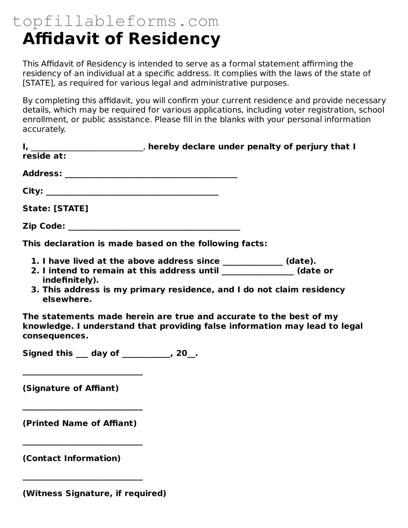 Free Affidavit of Residency Form