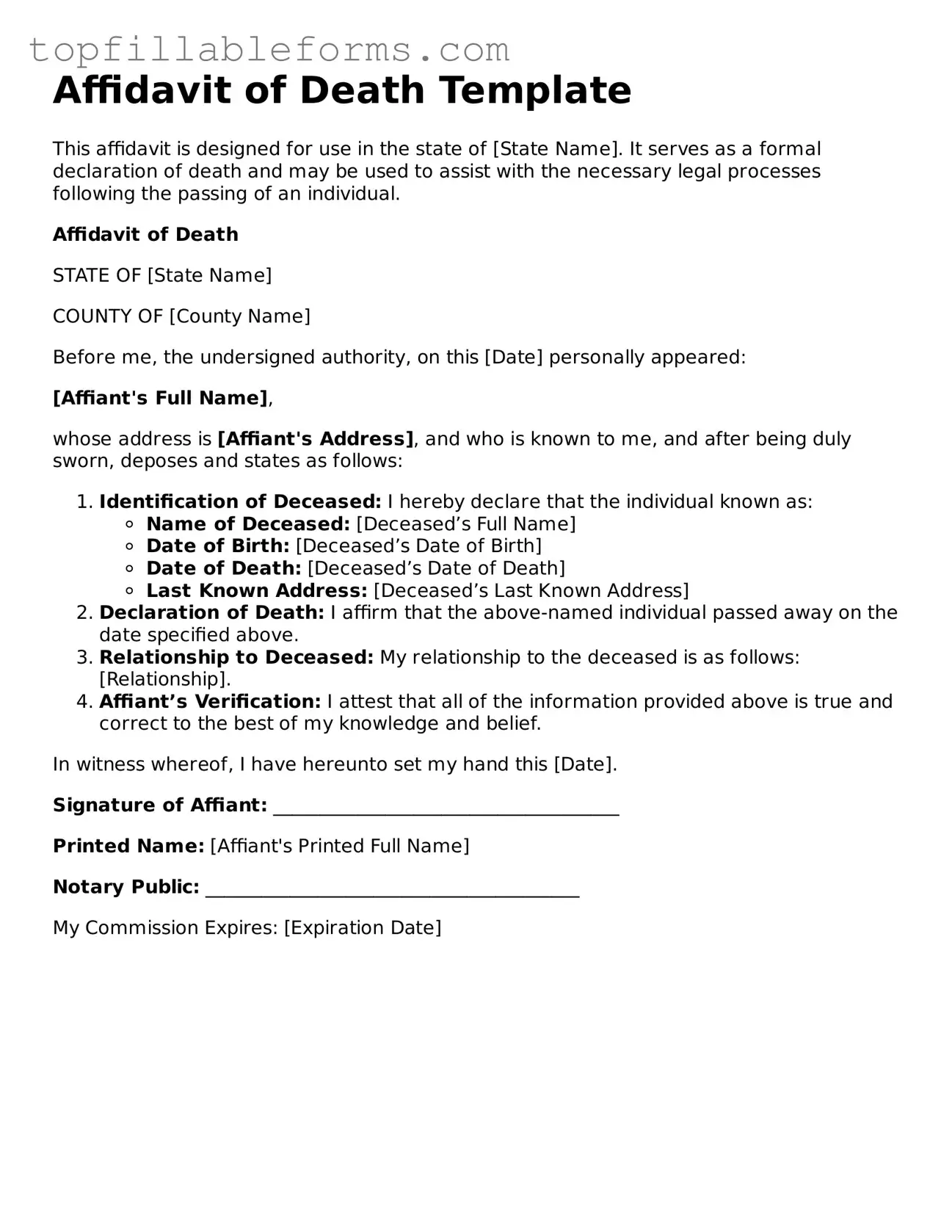 Free Affidavit of Death Form