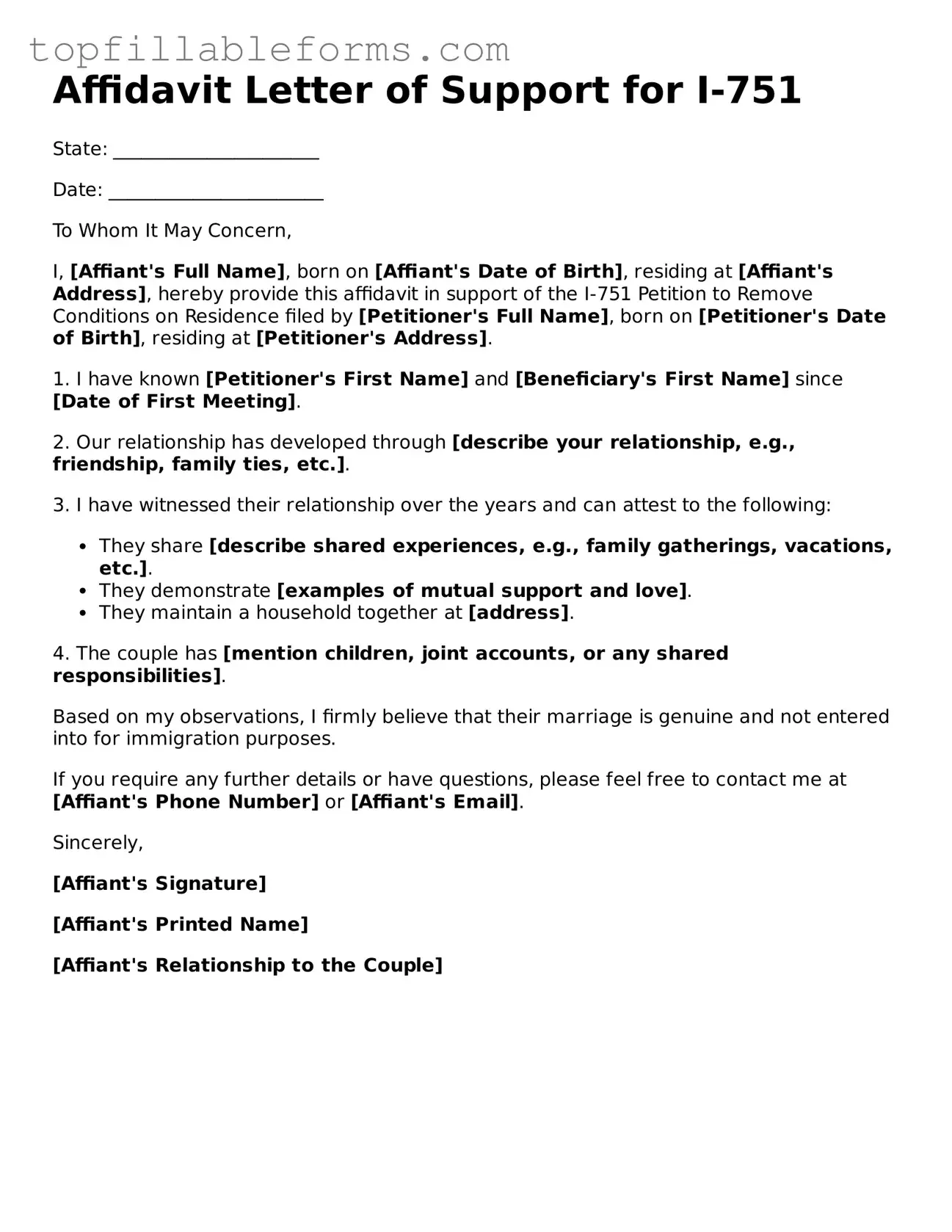 Free Affidavit Letter of Support for I-751 Form