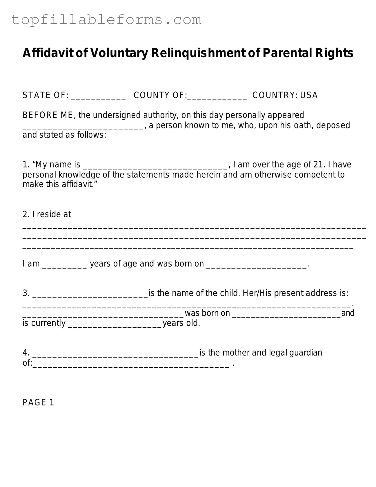 Printable Affidavit Parental Rights Form in PDF