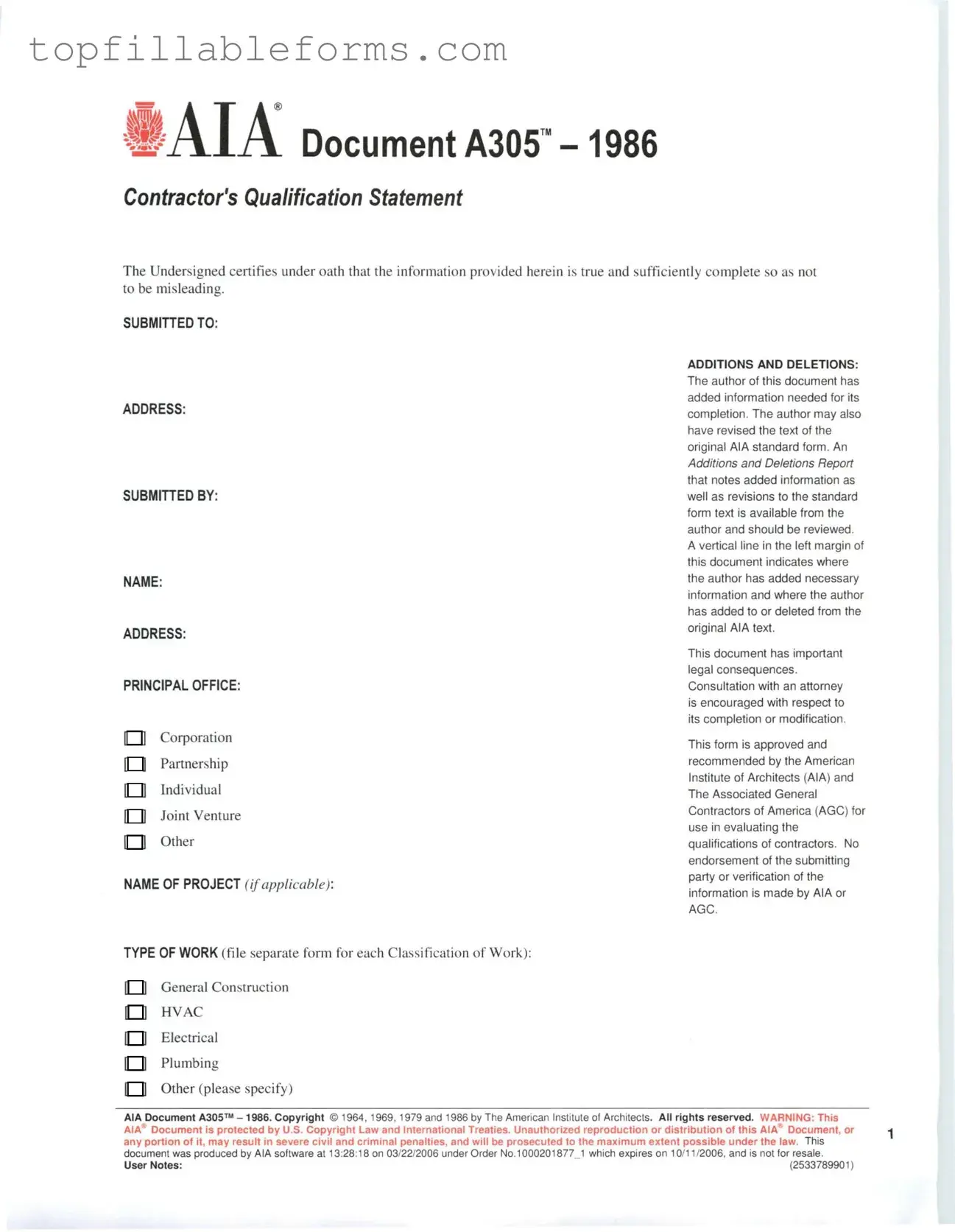 Printable AIA A305 Form in PDF