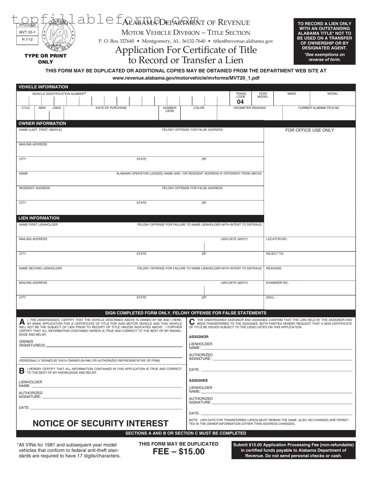 Printable Alabama Mvt 20 1 Form in PDF