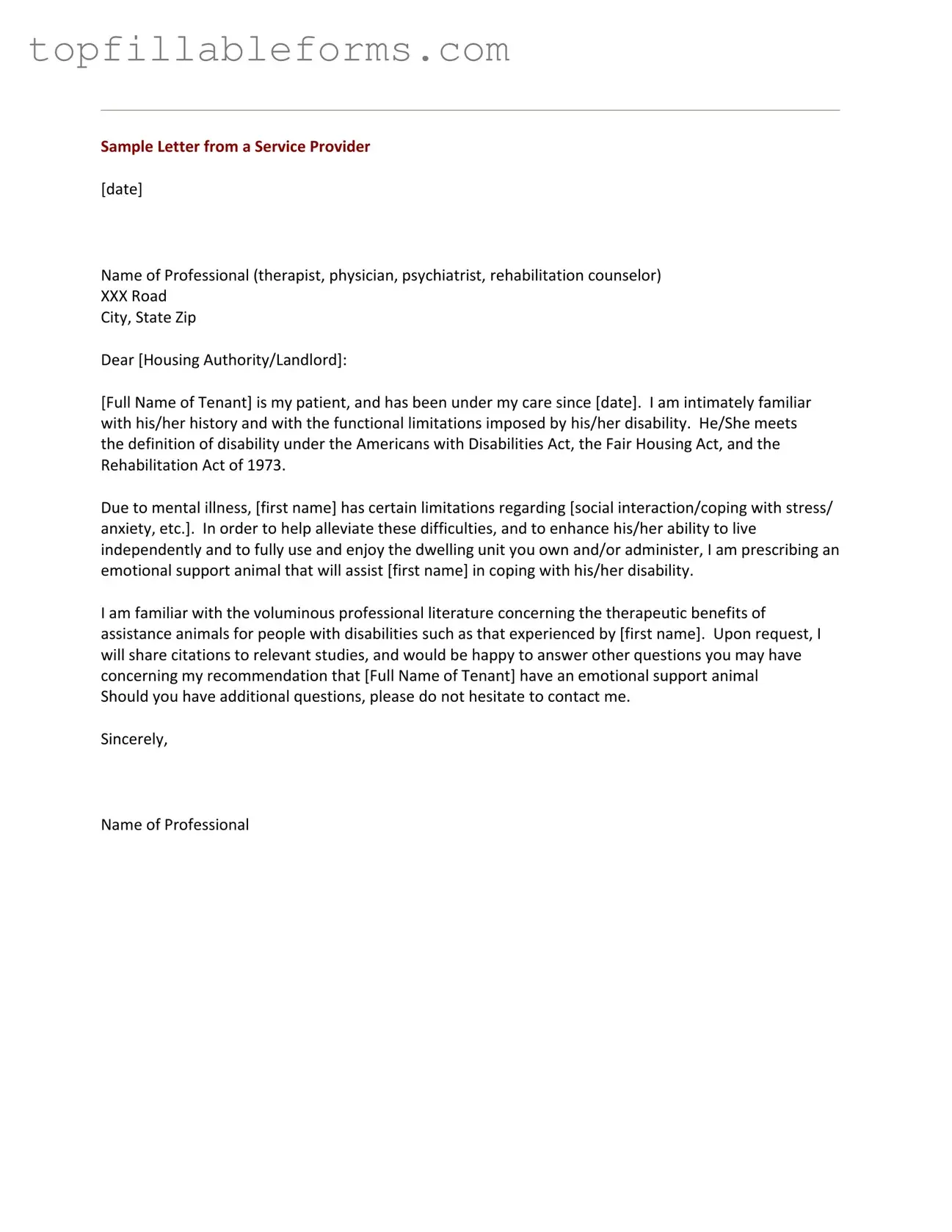 Printable Emotional Support Animal Letter Form in PDF