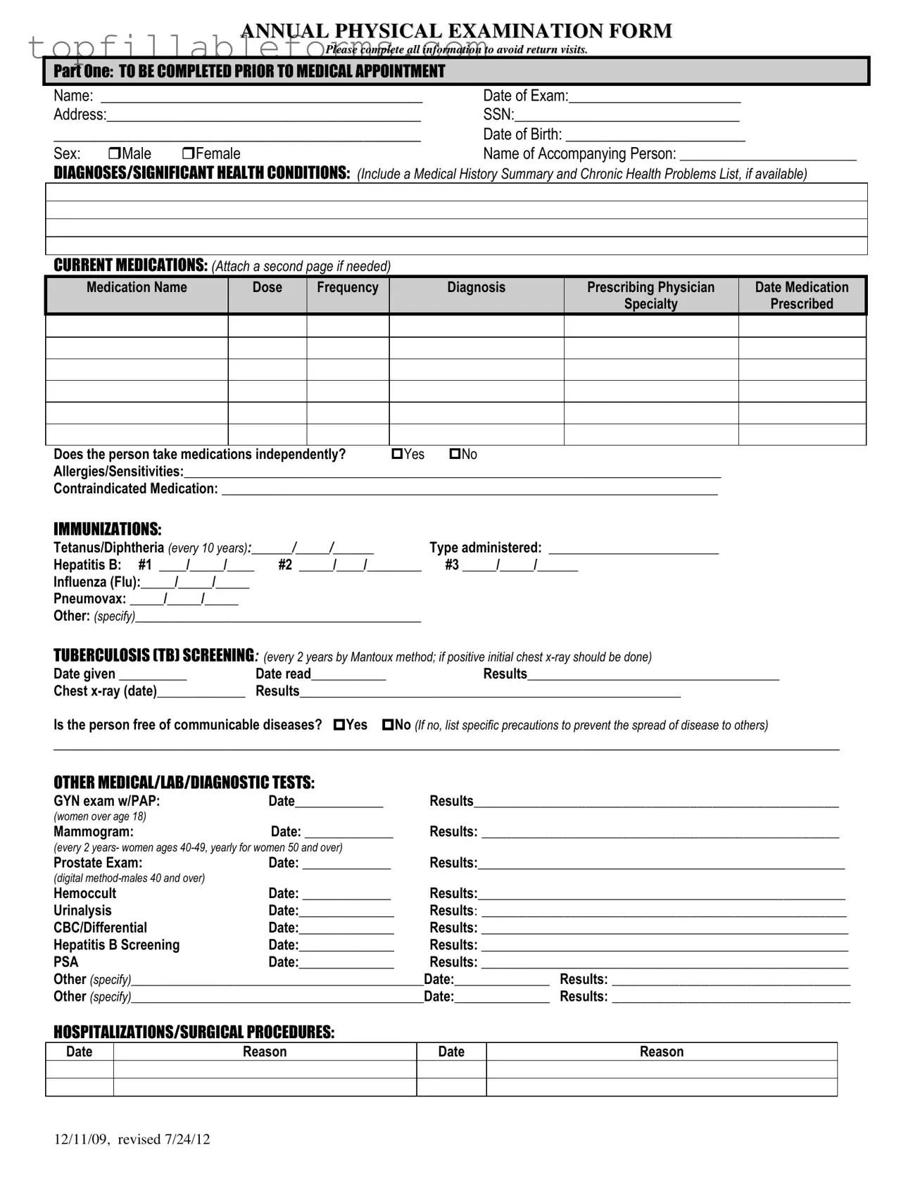 Printable Annual Physical Examination Form in PDF