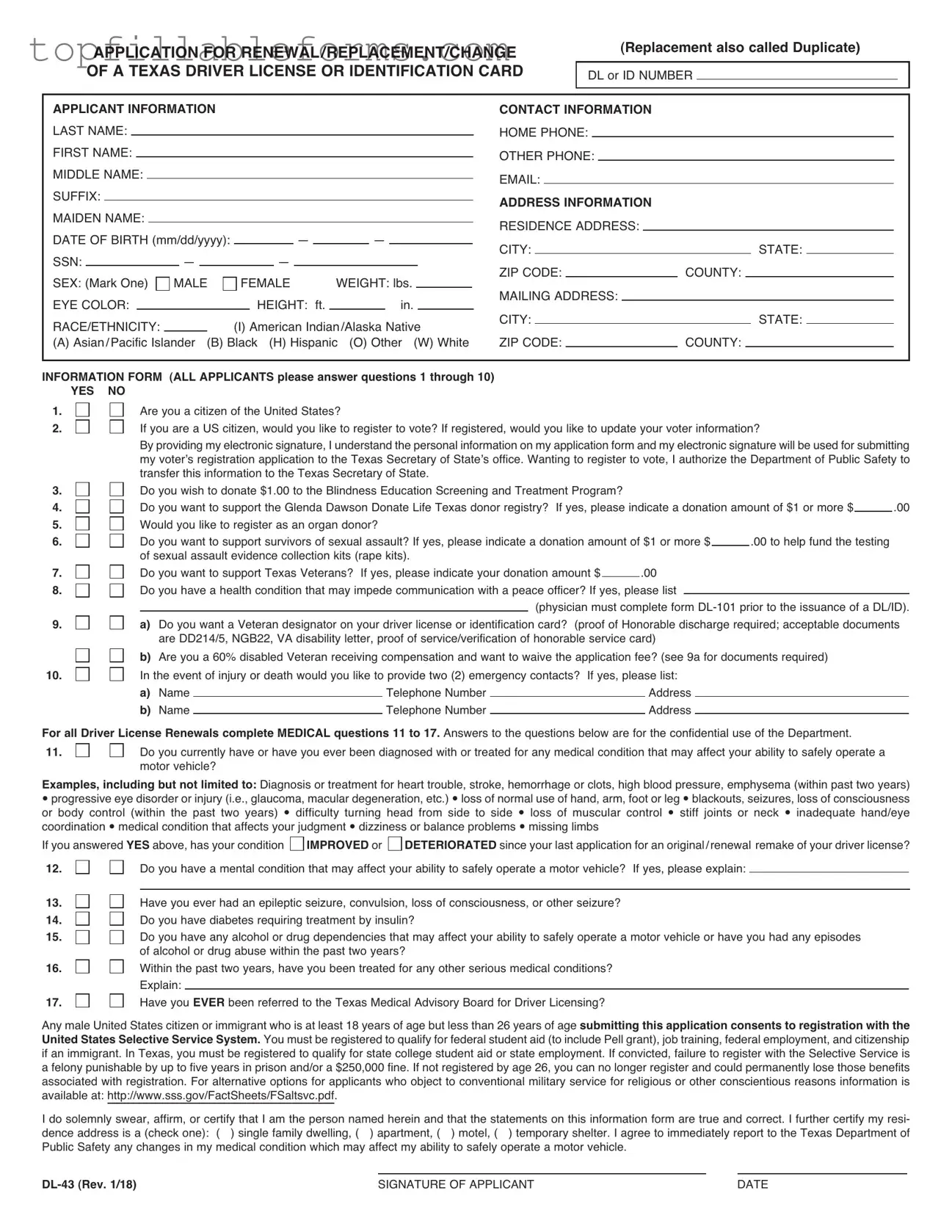 Printable DL-43 Form in PDF