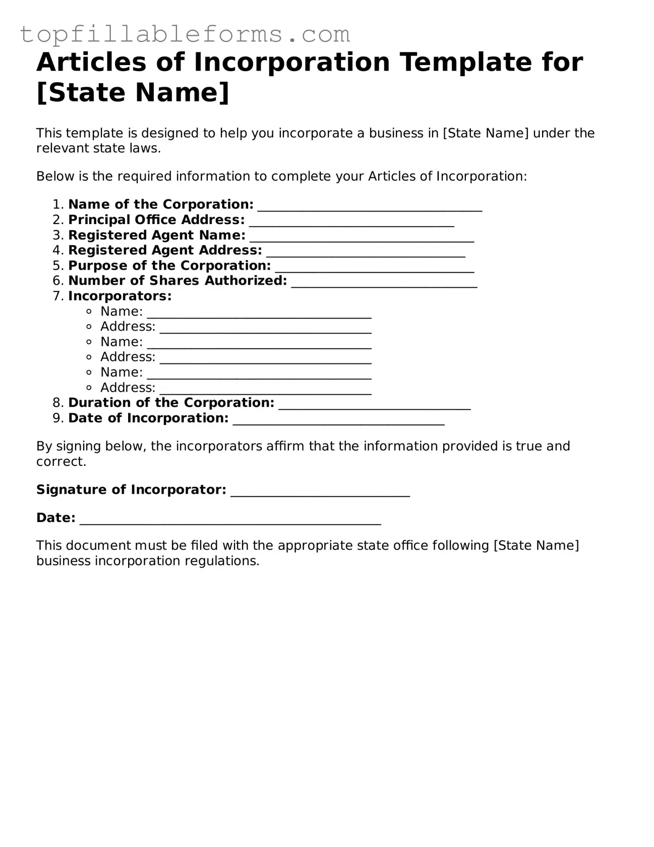Free Articles of Incorporation Form