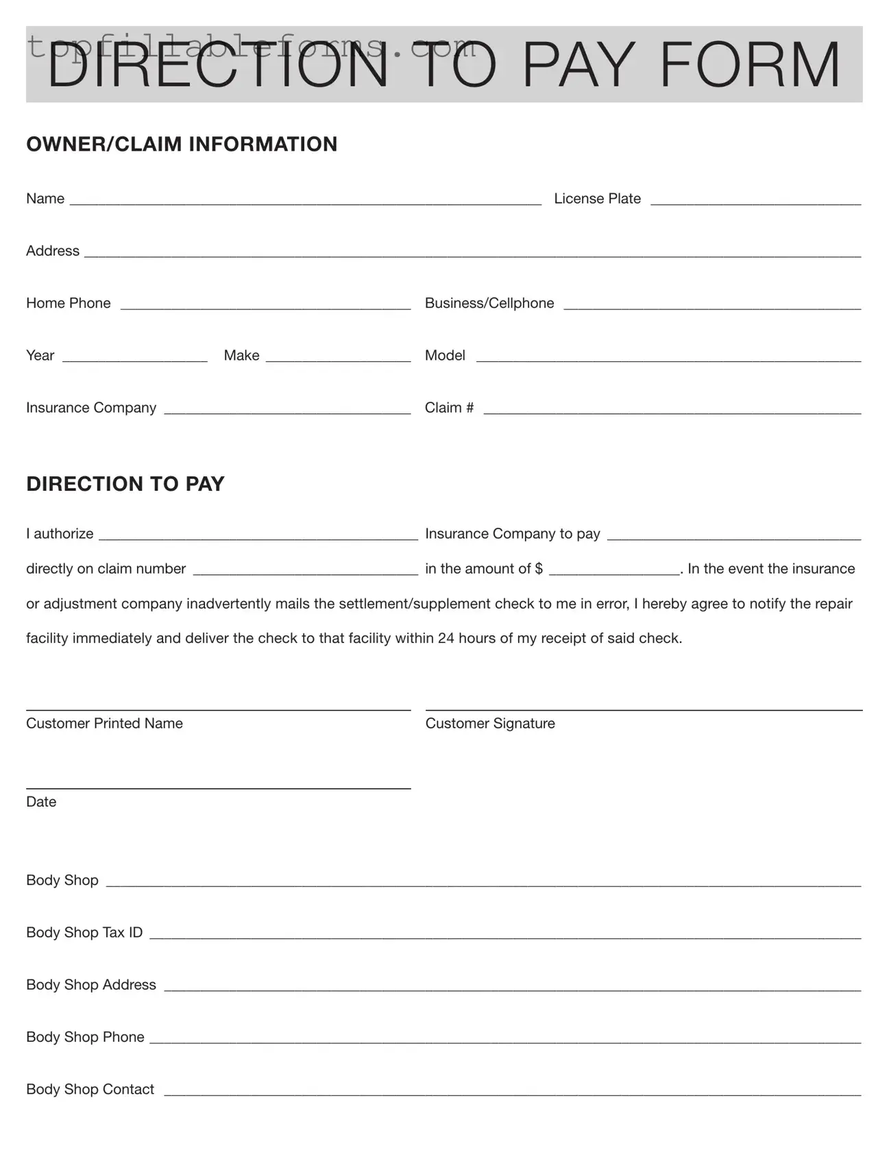 Printable Authorization And Direction Pay Form in PDF