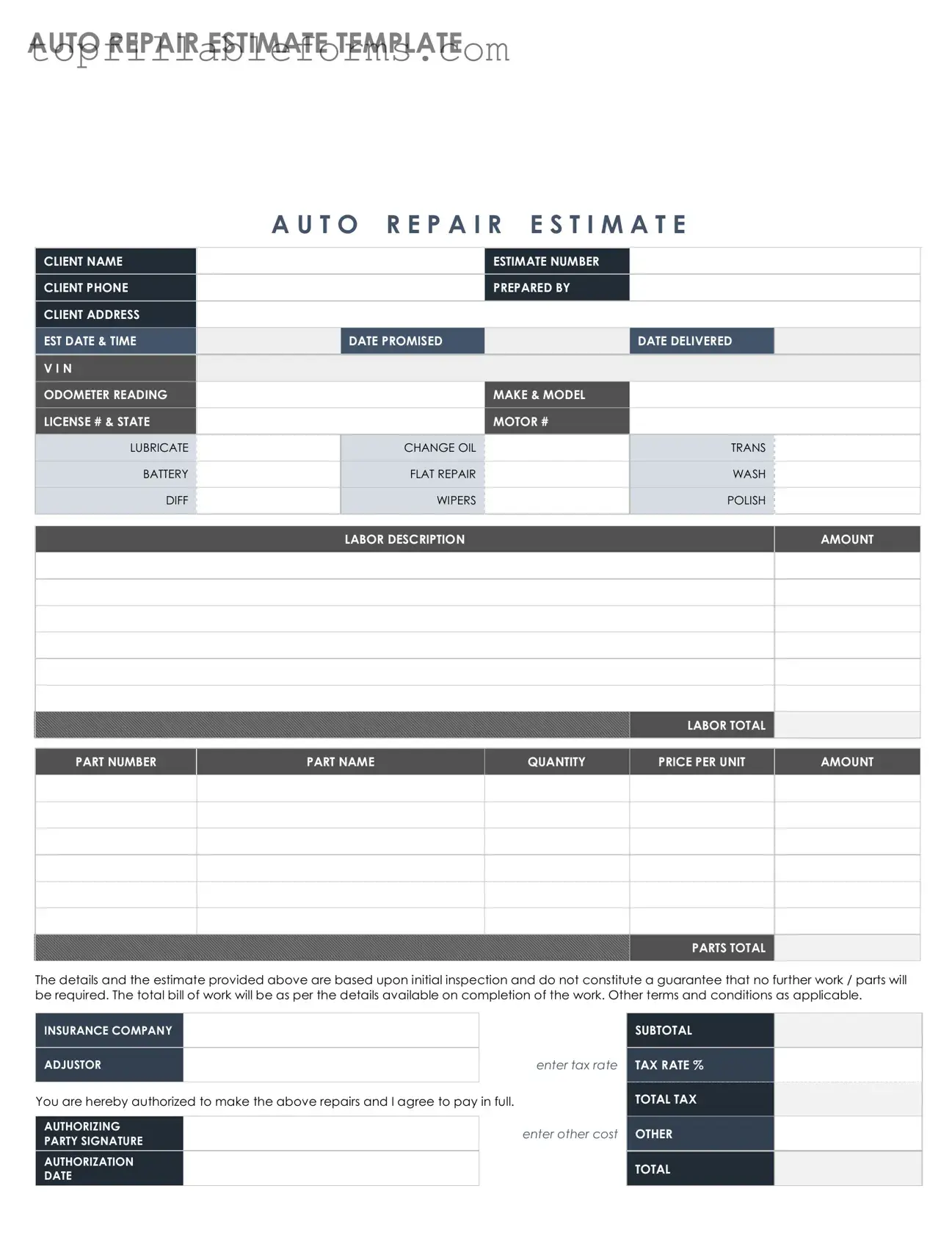 Printable Auto Repair Estimate Form in PDF