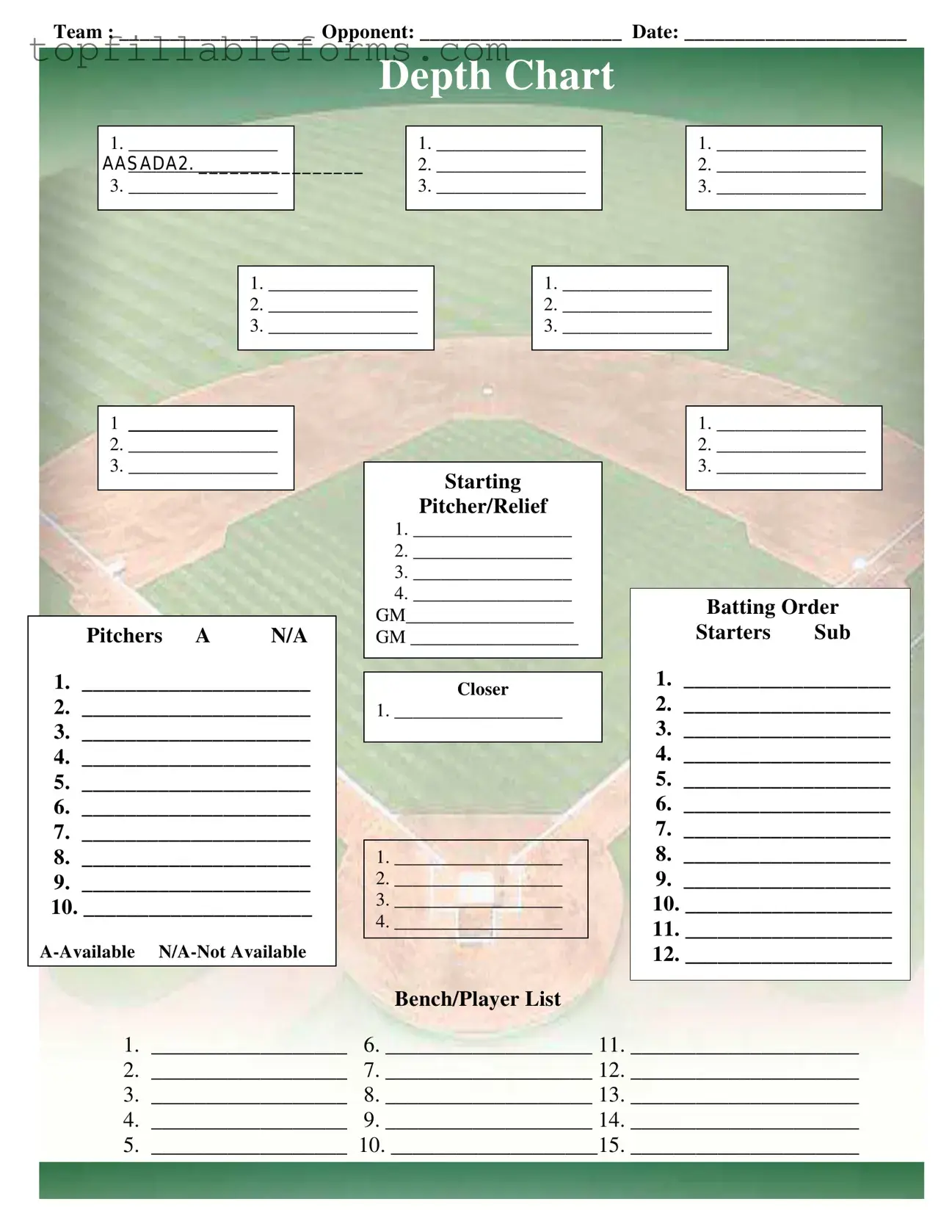 Printable Baseball Field Lineup Form in PDF