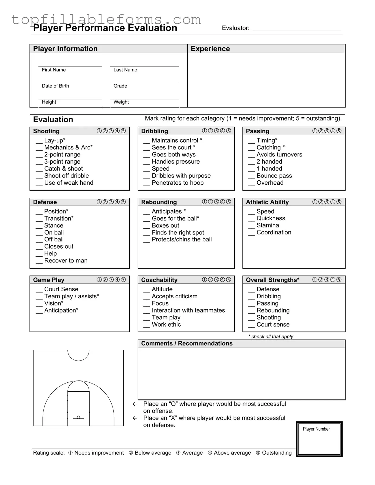 Printable Basketball Evaluation Form in PDF