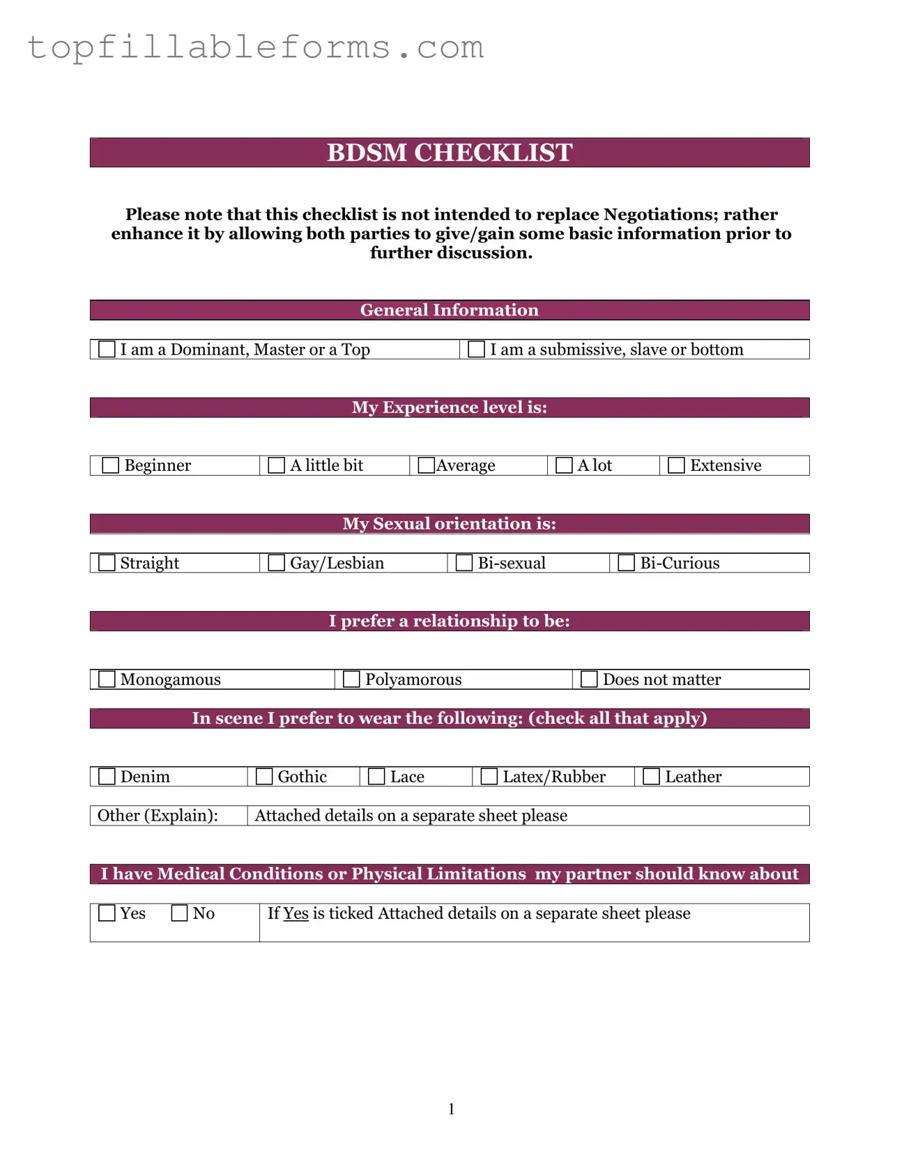 Printable Bdsm Checklist Form in PDF