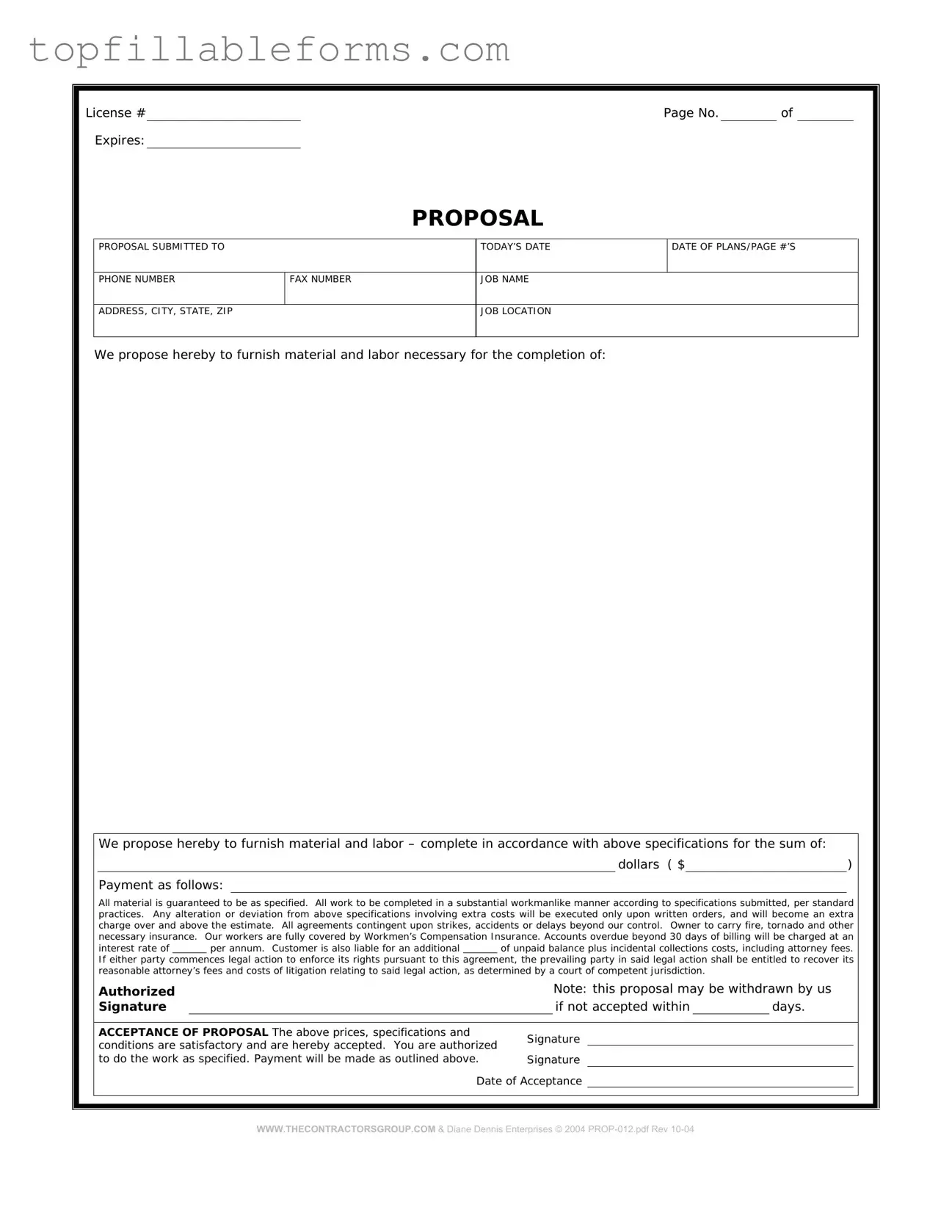 Printable Construction proposal form Form in PDF