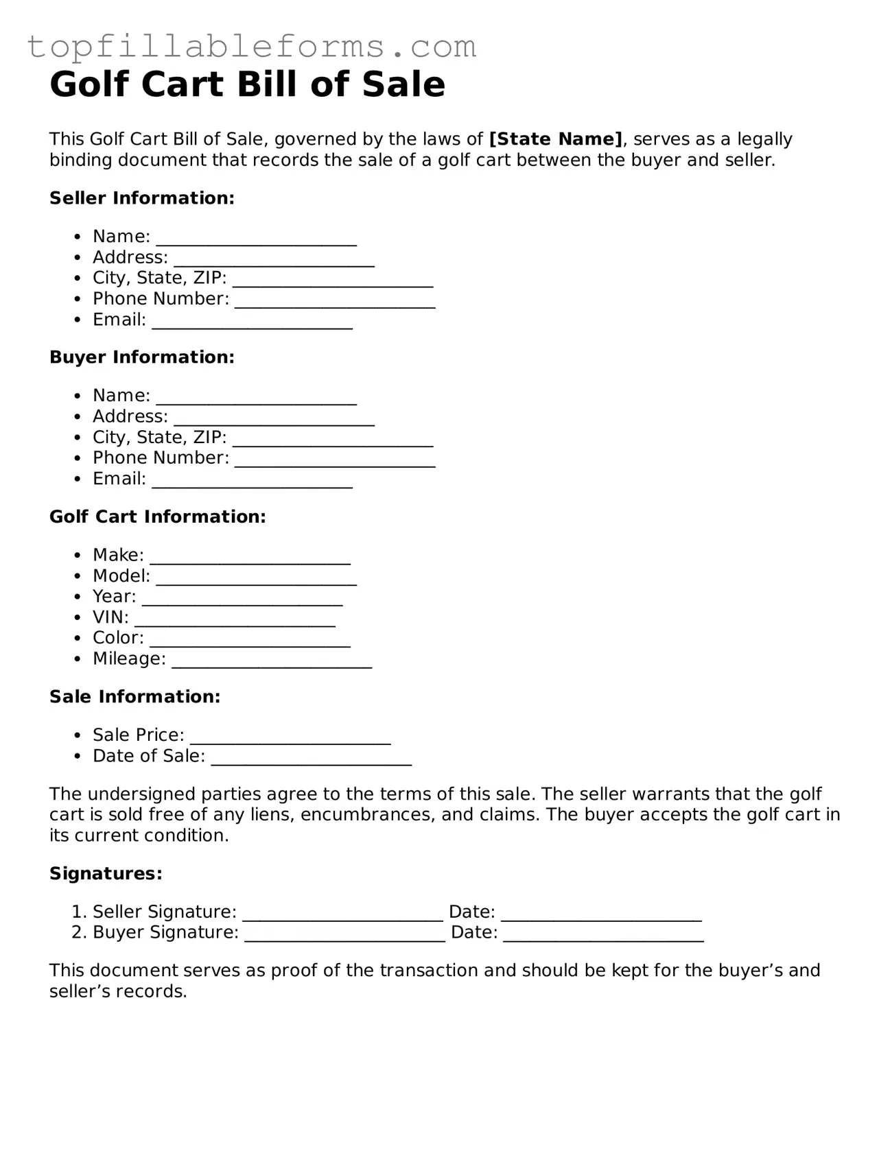 Free Golf Cart Bill of Sale Form