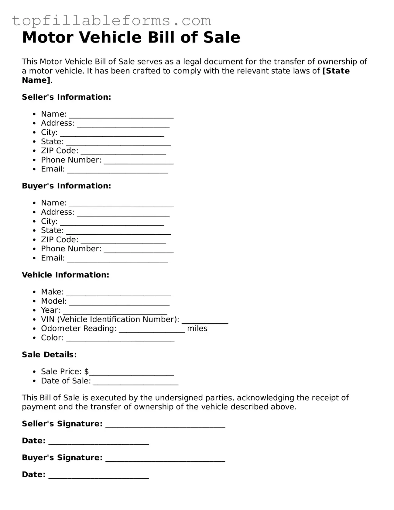 Free Motor Vehicle Bill of Sale Form