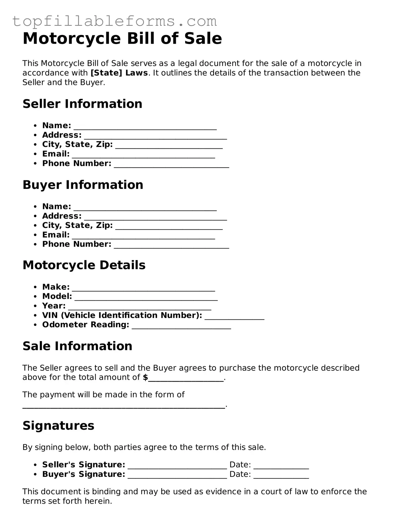 Free Motorcycle Bill of Sale Form