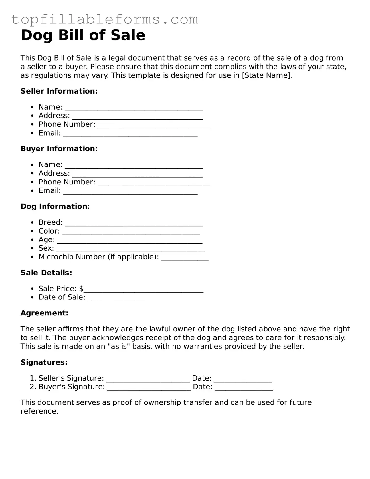 Free Dog Bill of Sale Form