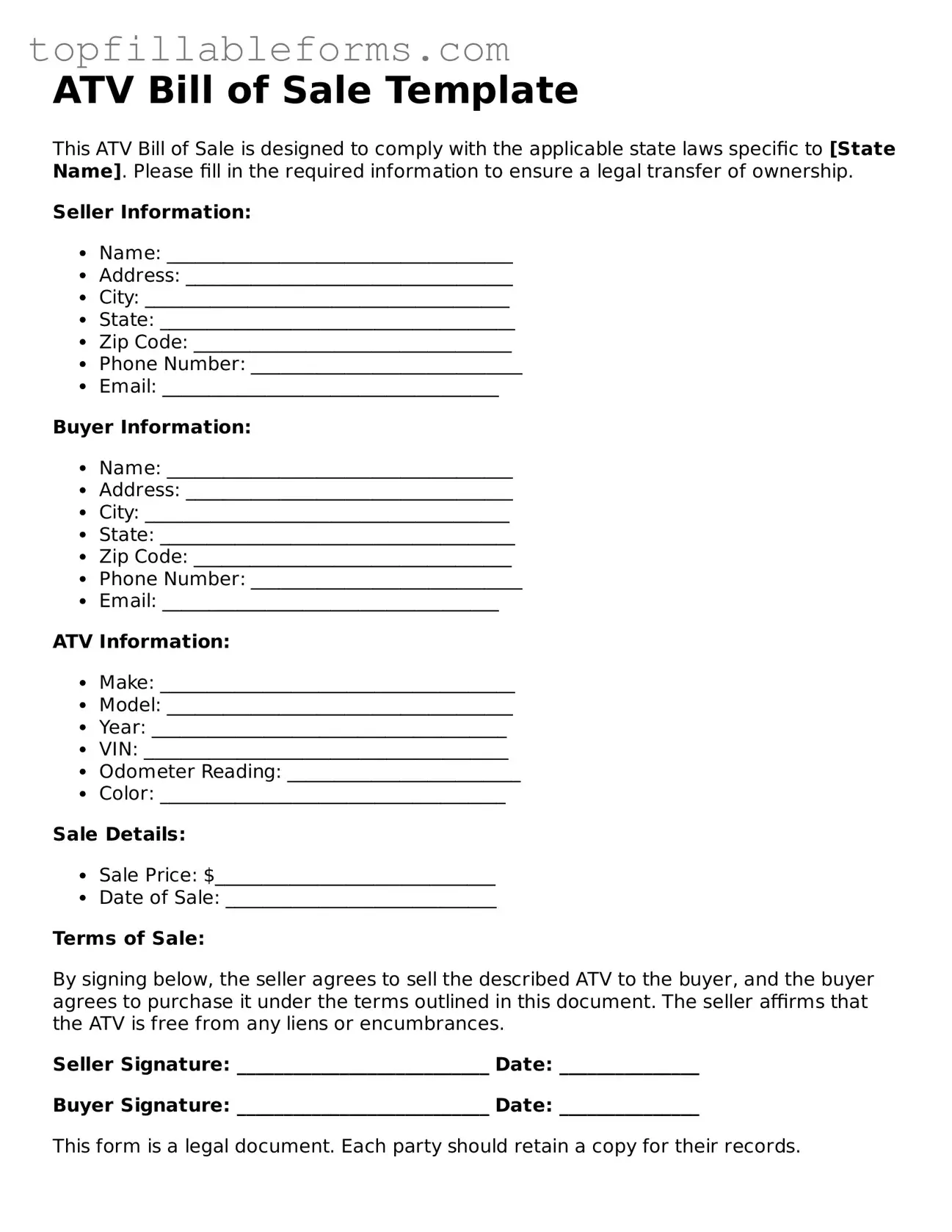 Free ATV Bill of Sale Form