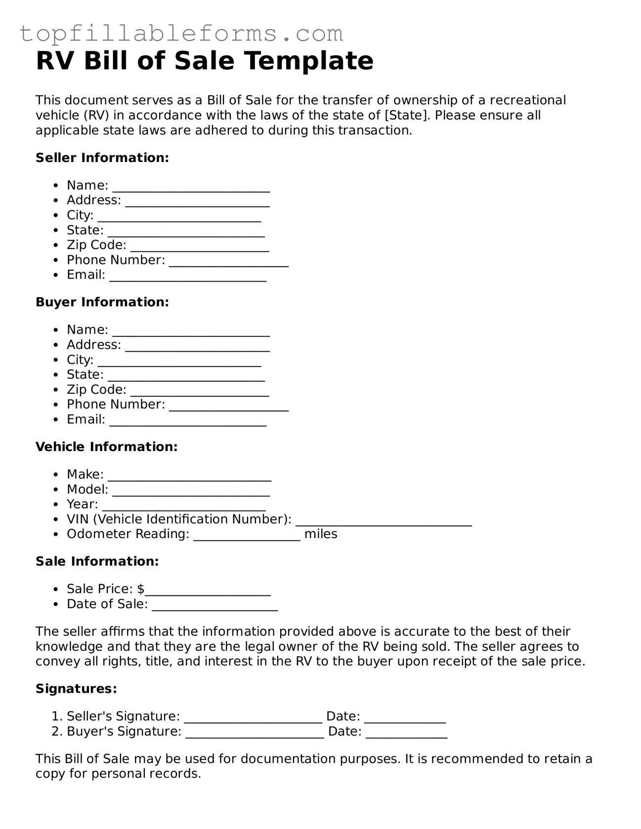 Free RV Bill of Sale Form