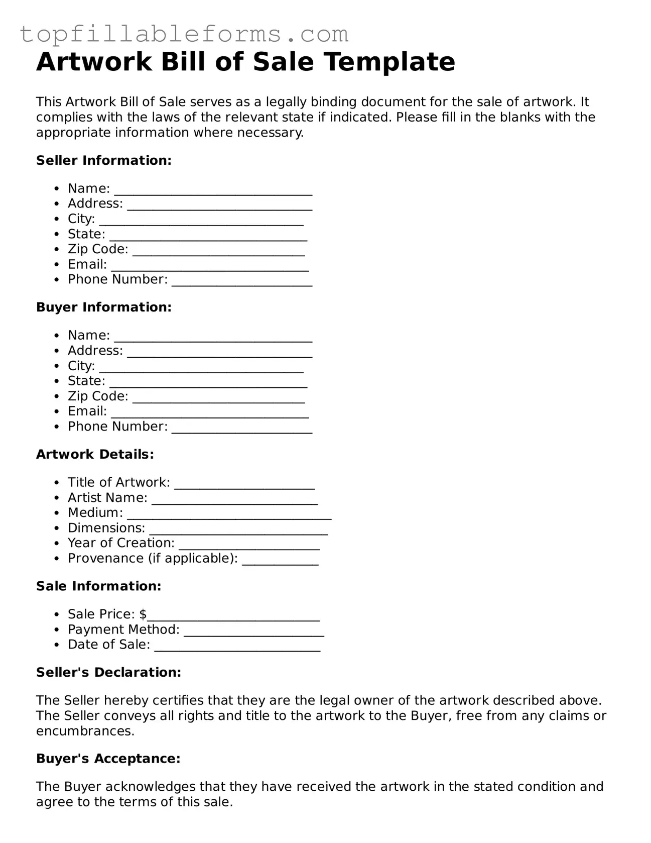 Free Artwork Bill of Sale Form
