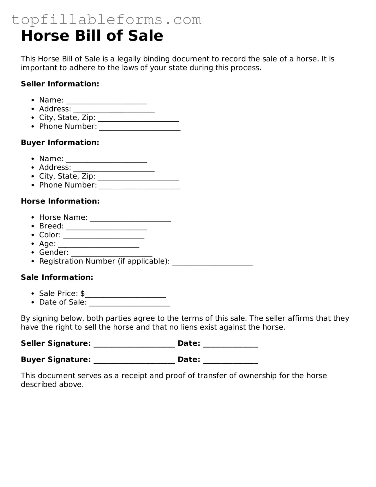 Free Horse Bill of Sale Form