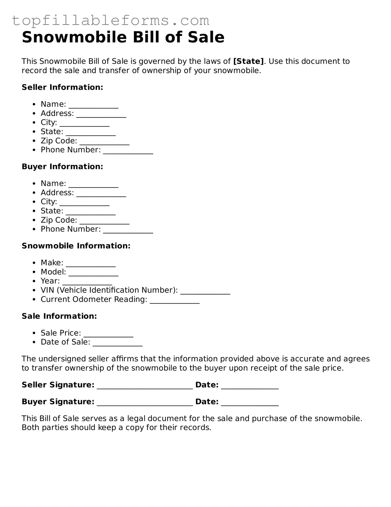 Free Snowmobile Bill of Sale Form