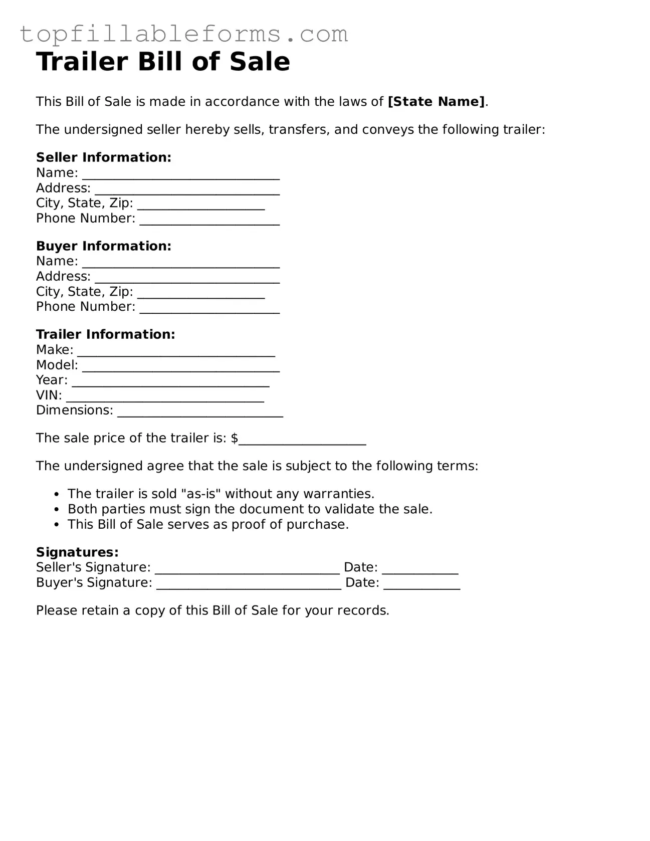 Free Trailer Bill of Sale Form