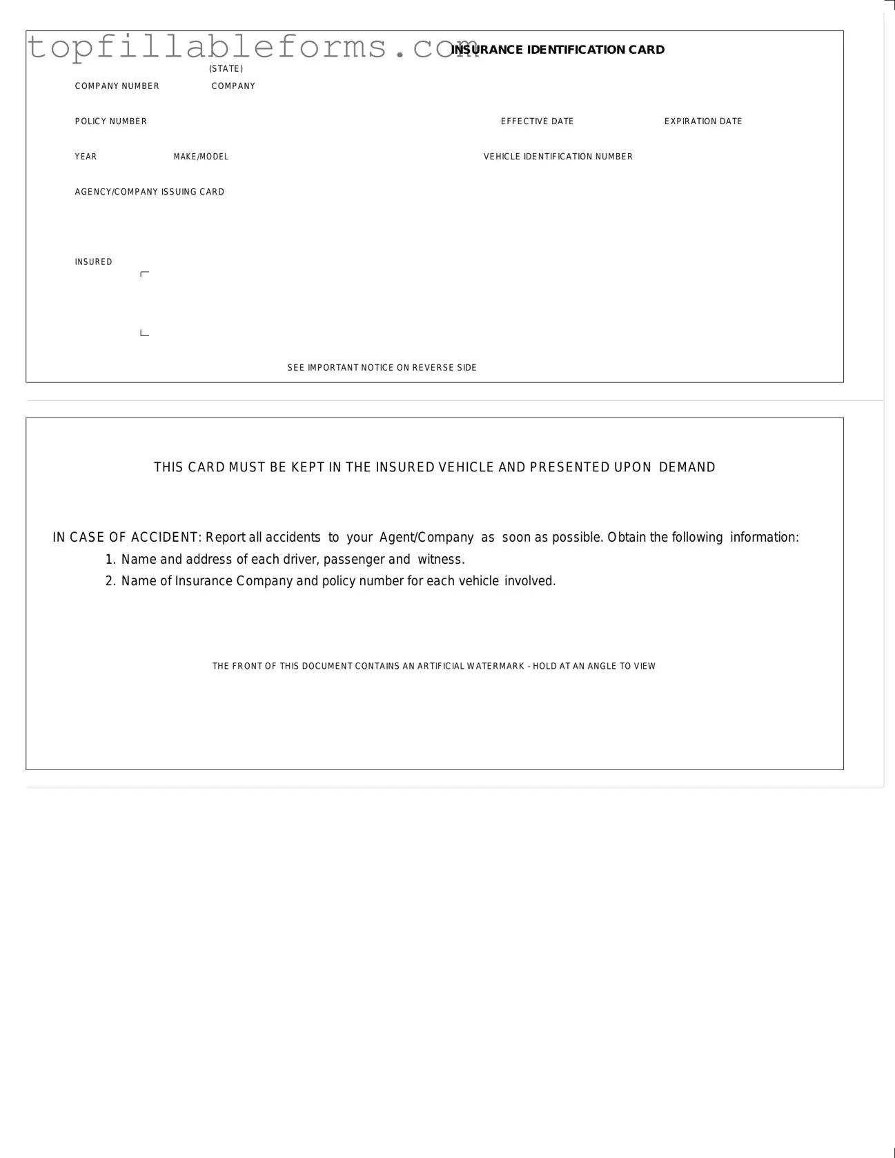 Printable Auto Insurance Card Form in PDF