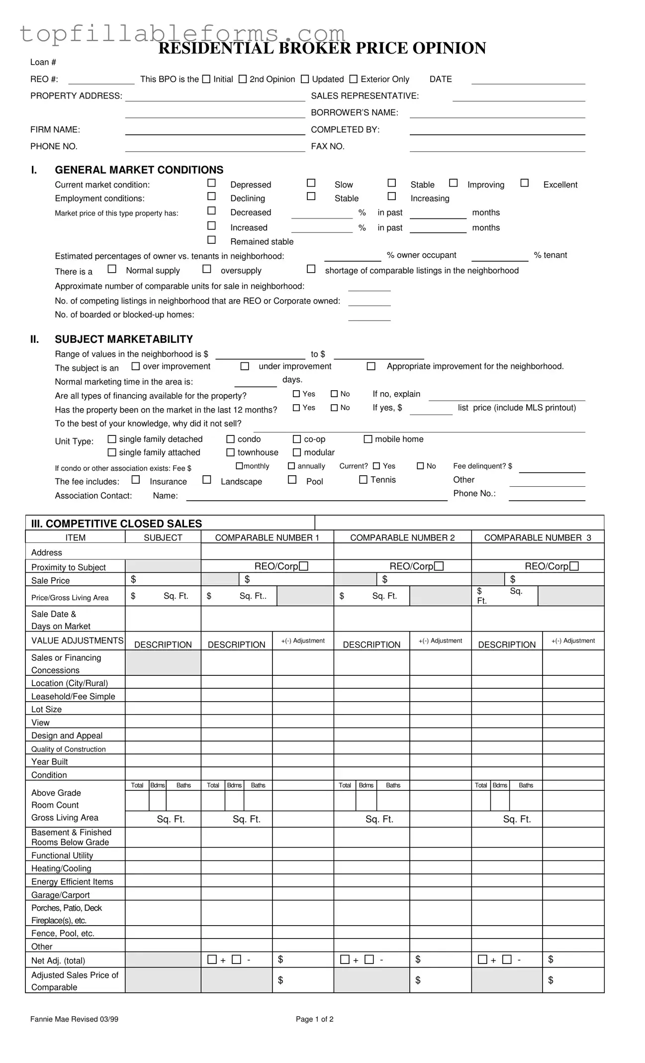 Printable Broker Price Opinion Form in PDF