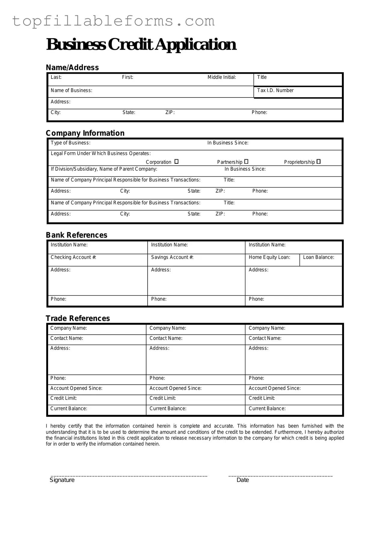 Printable Business Credit Application Form in PDF