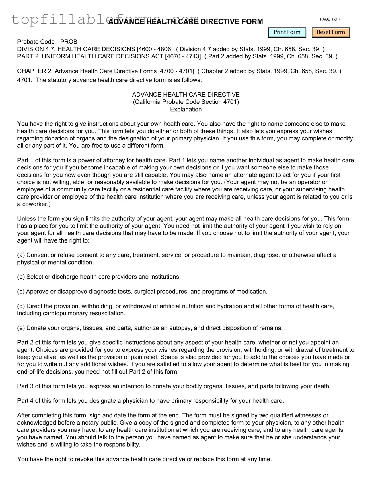 Printable California Advanced Health Care Directive Form in PDF