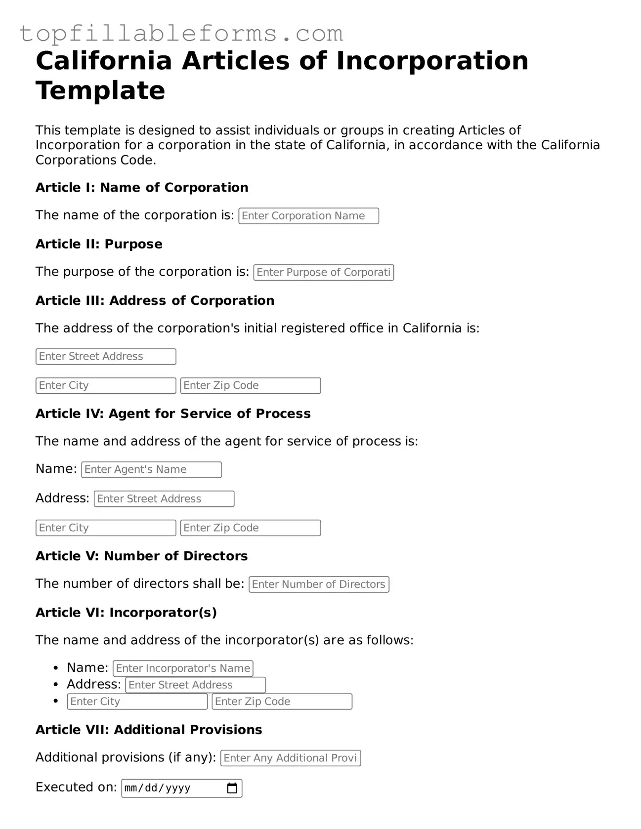 Attorney-Verified  Articles of Incorporation Template for California