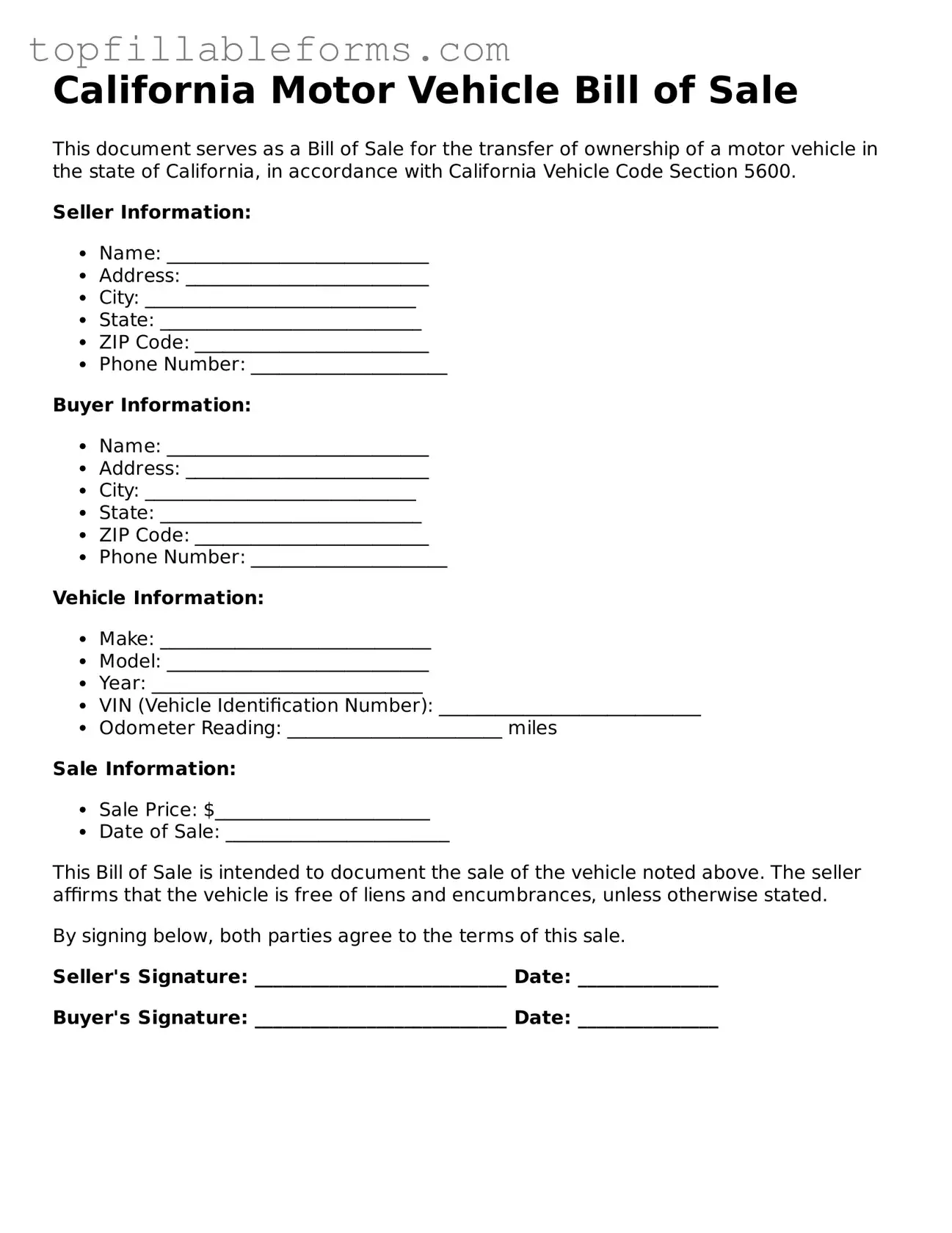 Attorney-Verified  Motor Vehicle Bill of Sale Template for California