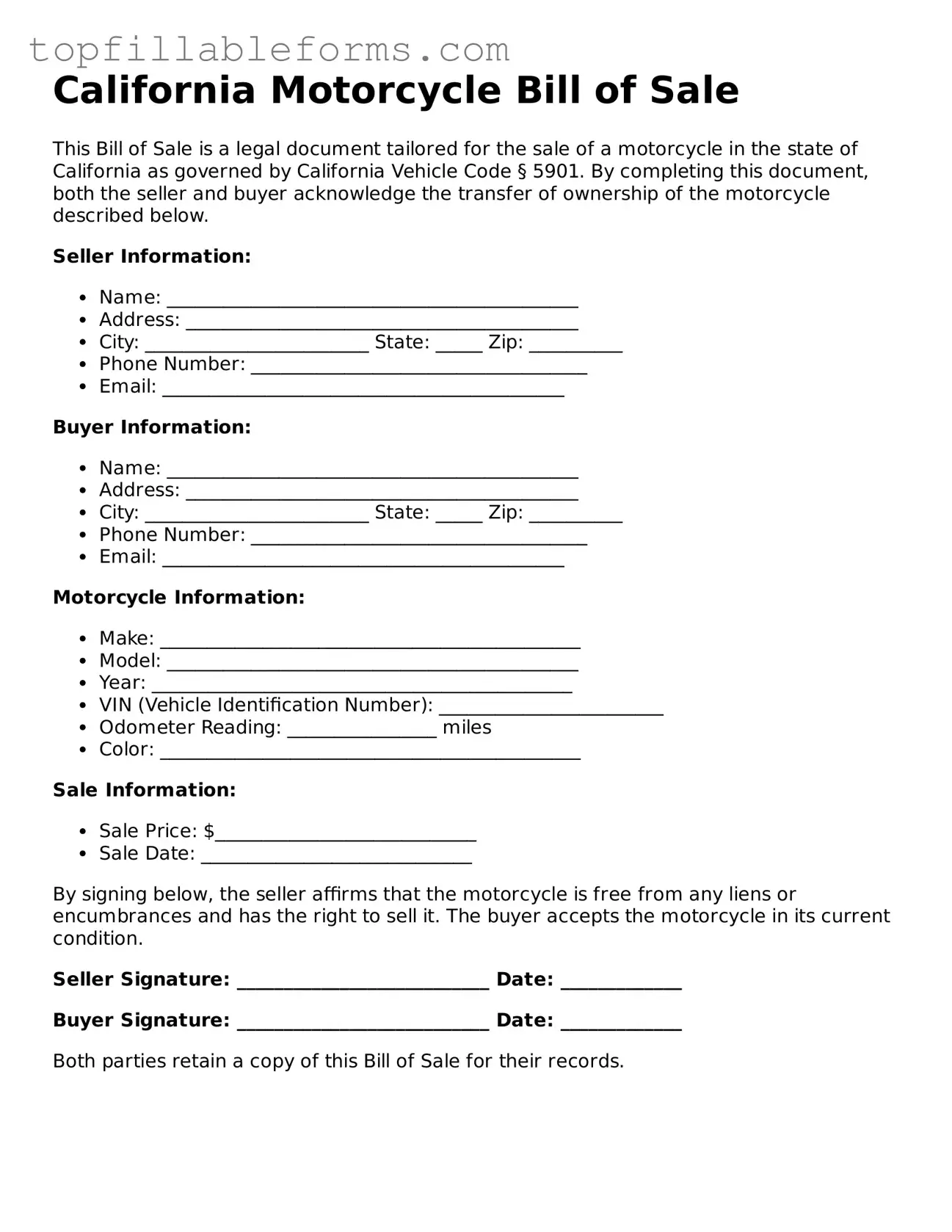Attorney-Verified  Motorcycle Bill of Sale Template for California