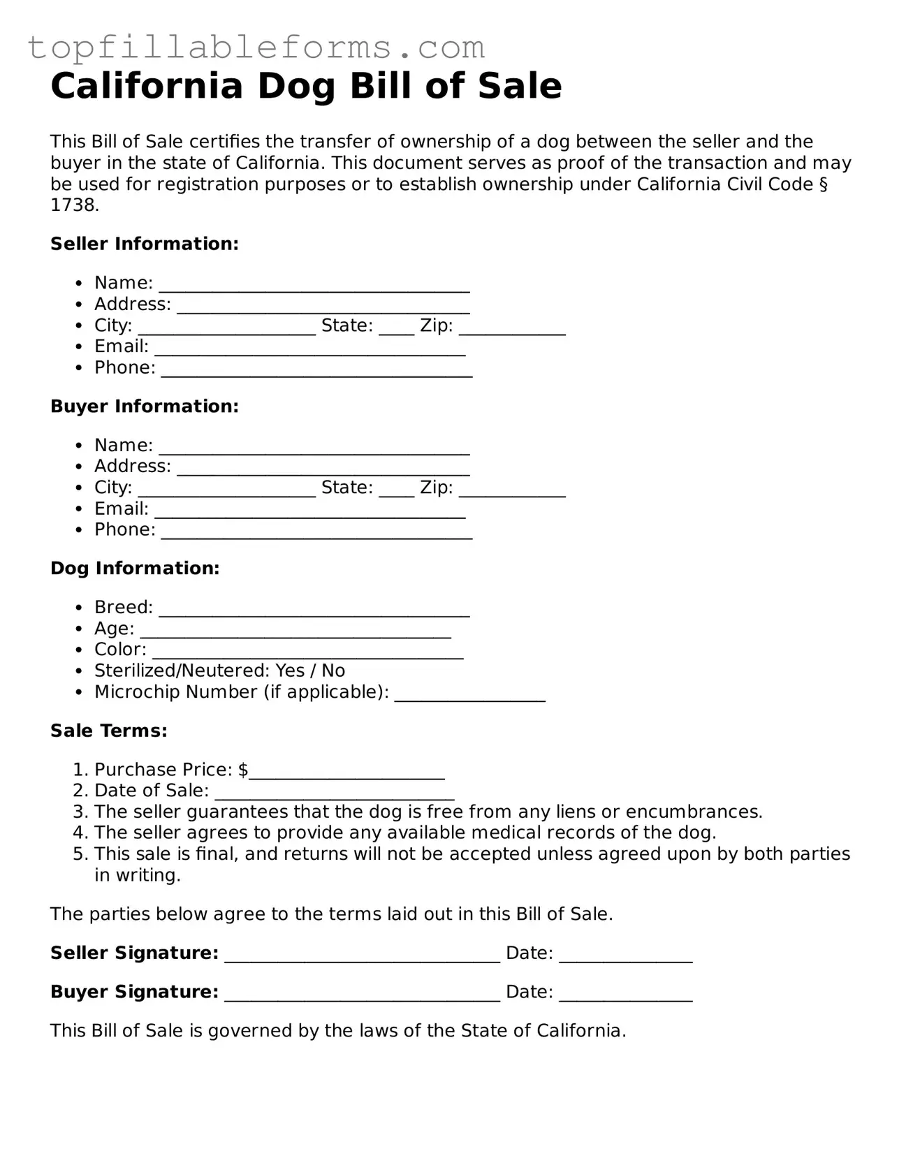 Attorney-Verified  Dog Bill of Sale Template for California