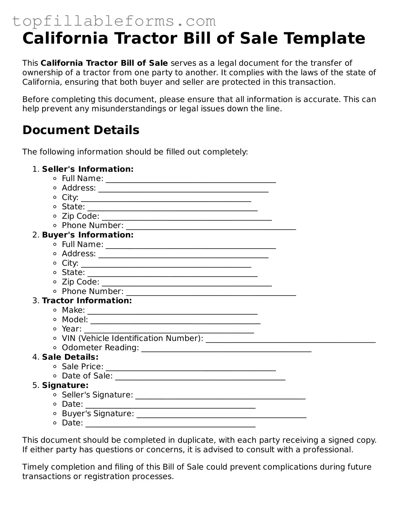 Attorney-Verified  Tractor Bill of Sale Template for California