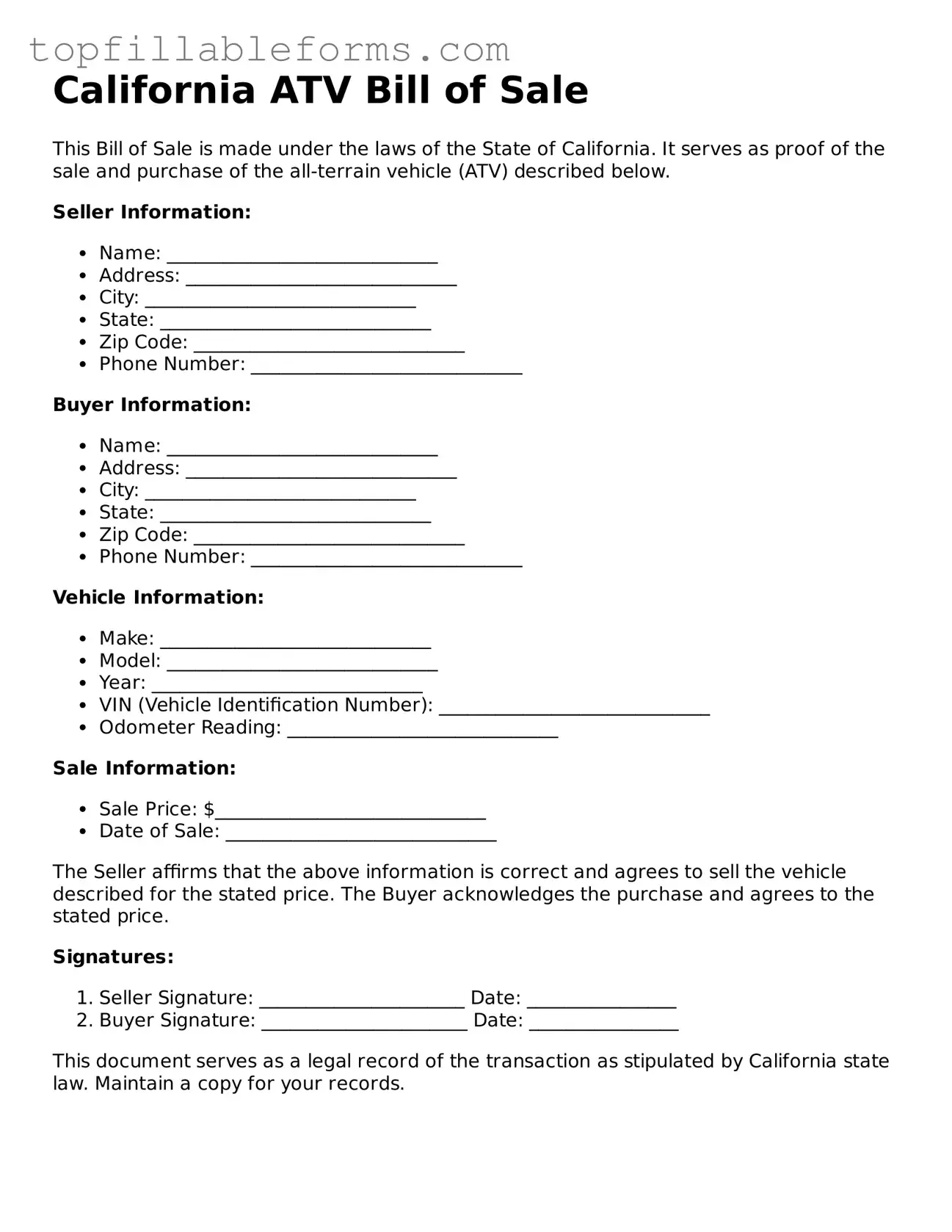 Attorney-Verified  ATV Bill of Sale Template for California