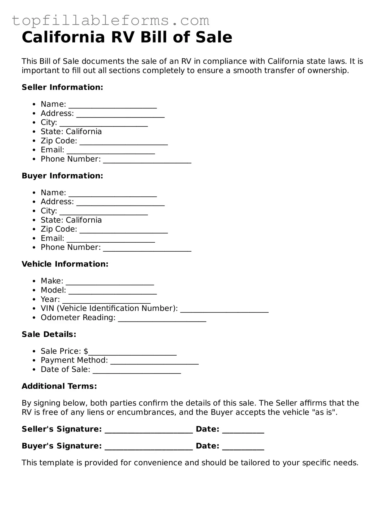 Attorney-Verified  RV Bill of Sale Template for California