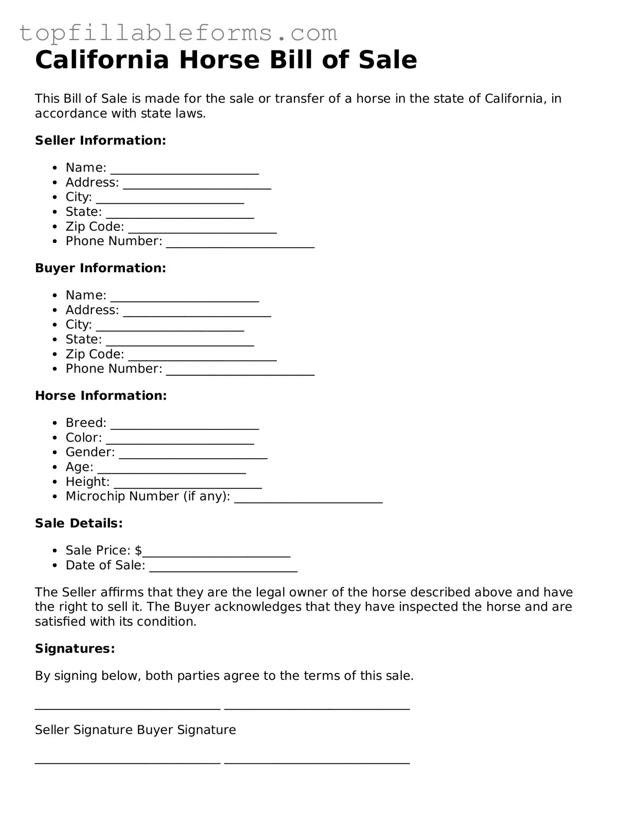 Attorney-Verified  Horse Bill of Sale Template for California