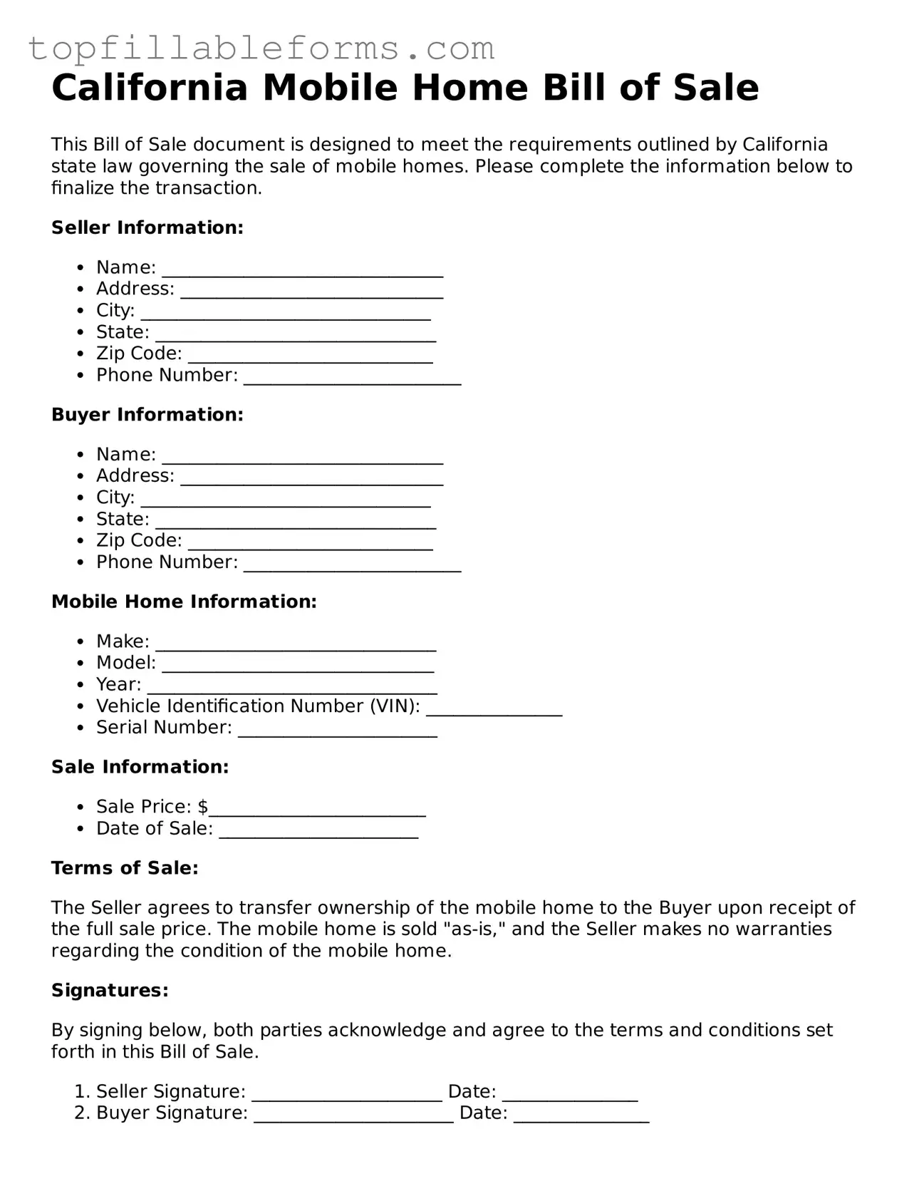 Attorney-Verified  Mobile Home Bill of Sale Template for California