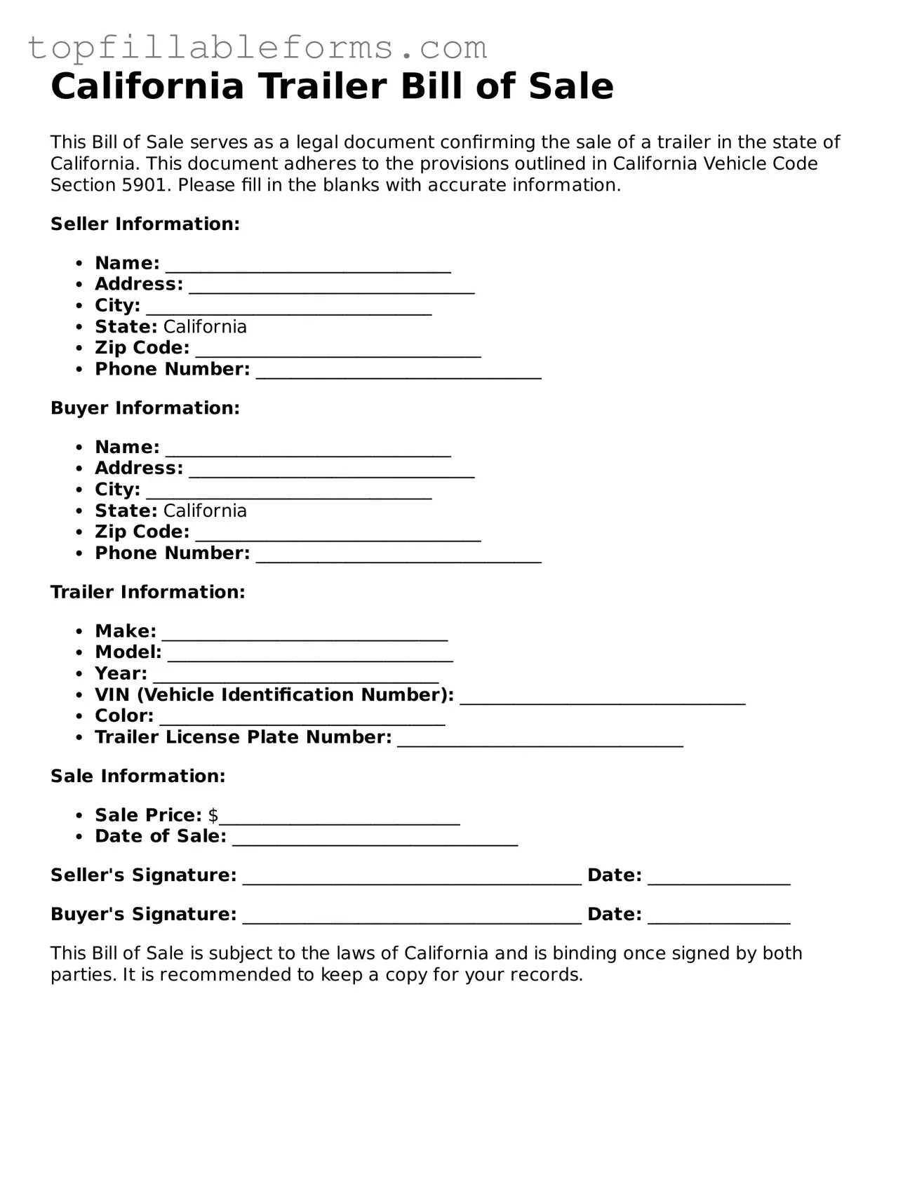 Attorney-Verified  Trailer Bill of Sale Template for California