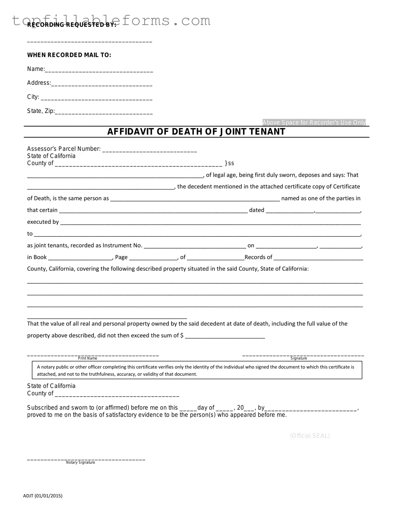 Printable California Death of a Joint Tenant Affidavit Form in PDF