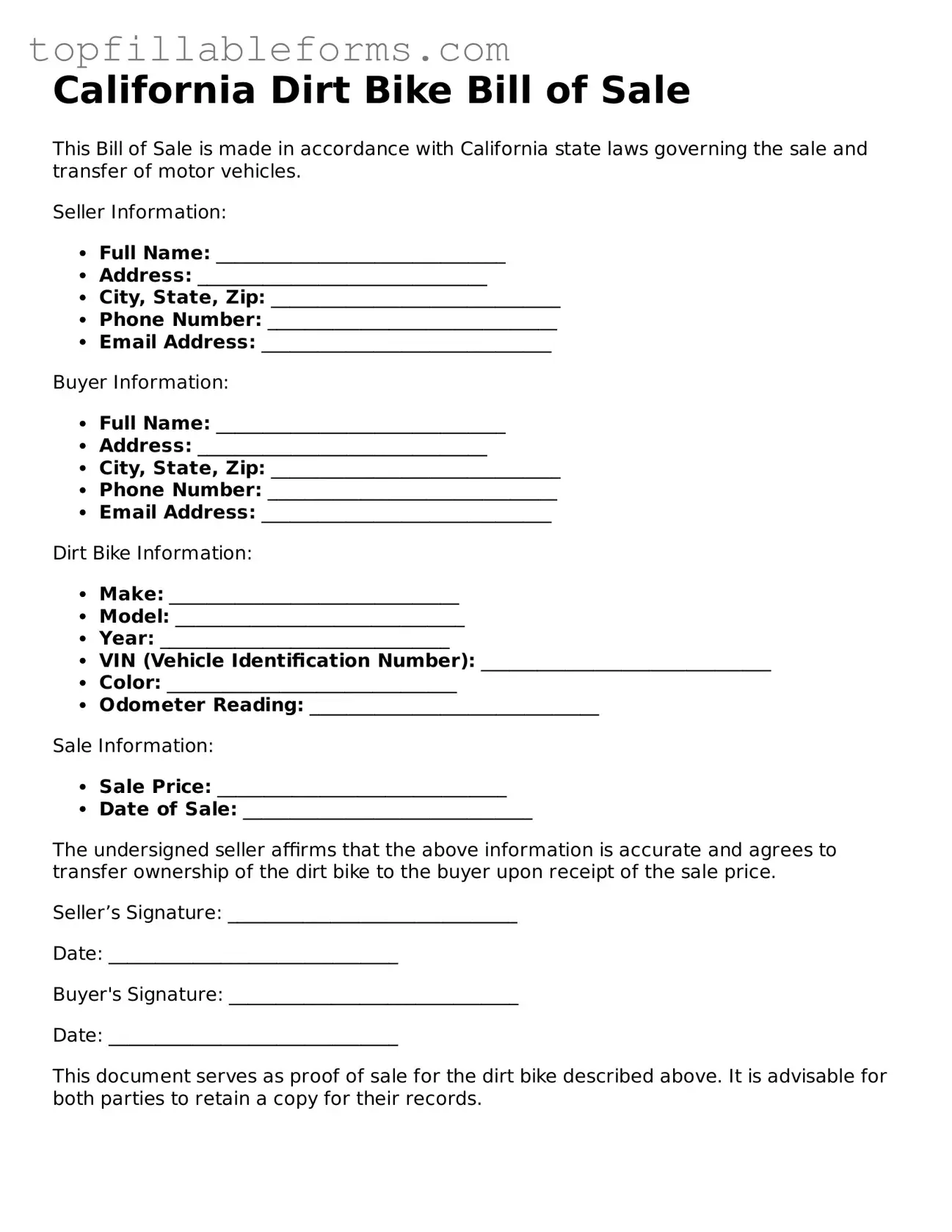 Attorney-Verified  Dirt Bike Bill of Sale Template for California