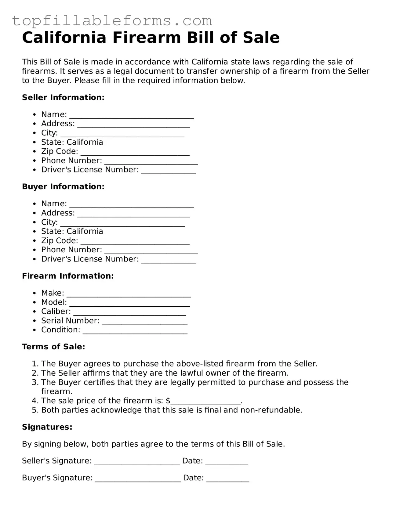 Attorney-Verified  Firearm Bill of Sale Template for California
