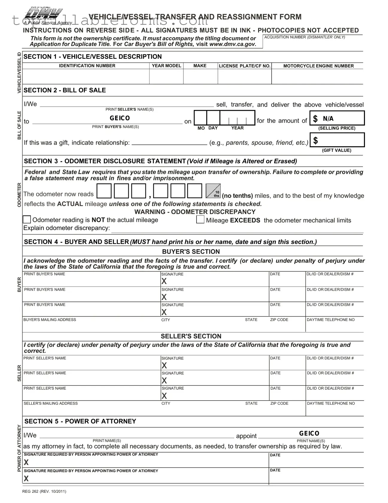 Printable California Fotm Reg 262 Form in PDF