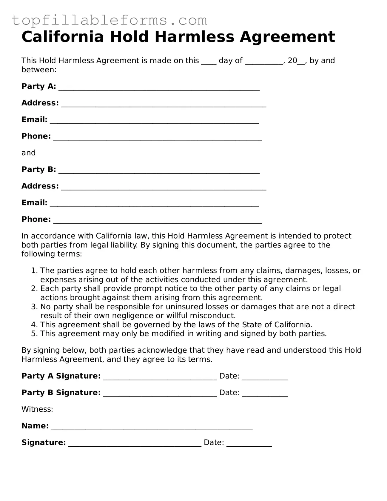 Attorney-Verified  Hold Harmless Agreement Template for California