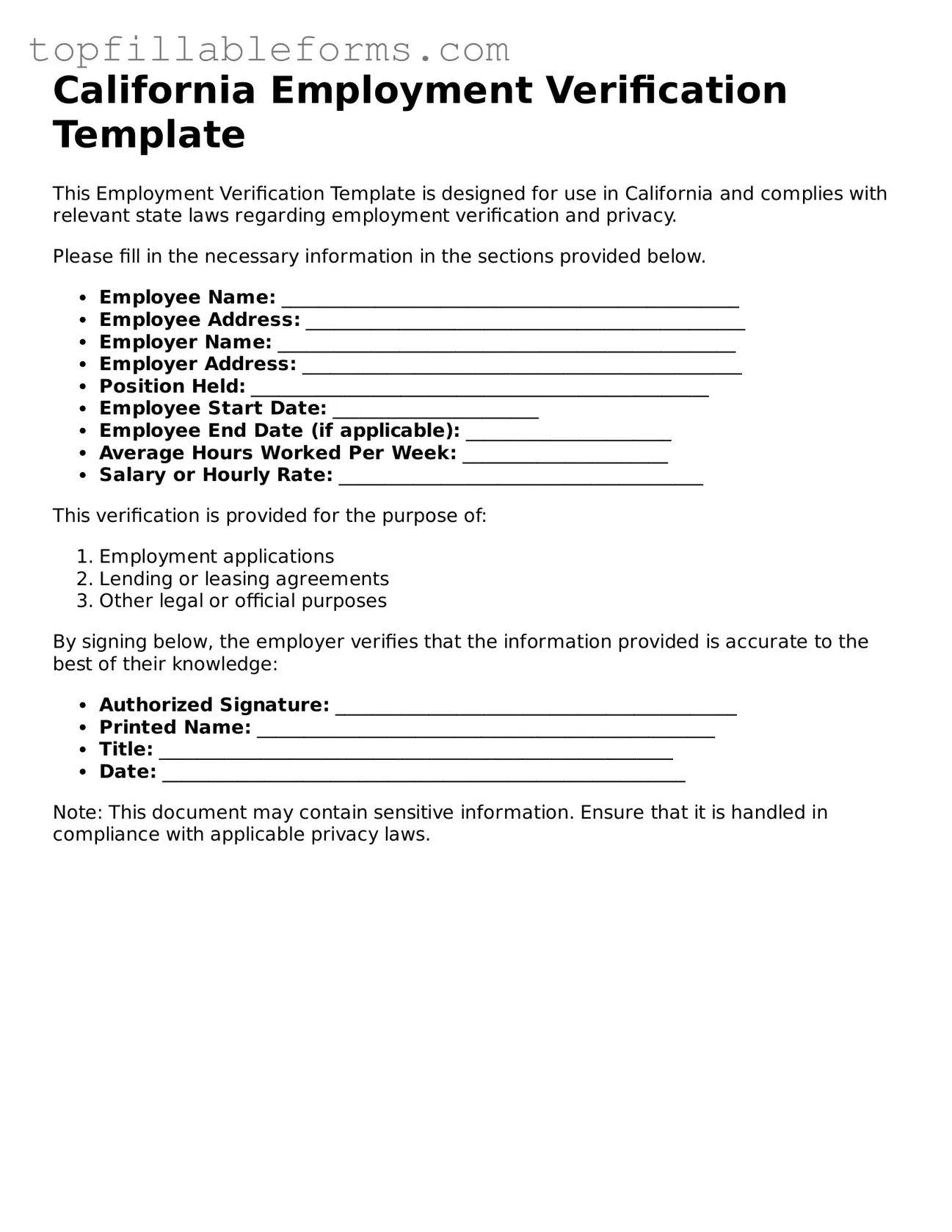 Attorney-Verified  Employment Verification Template for California