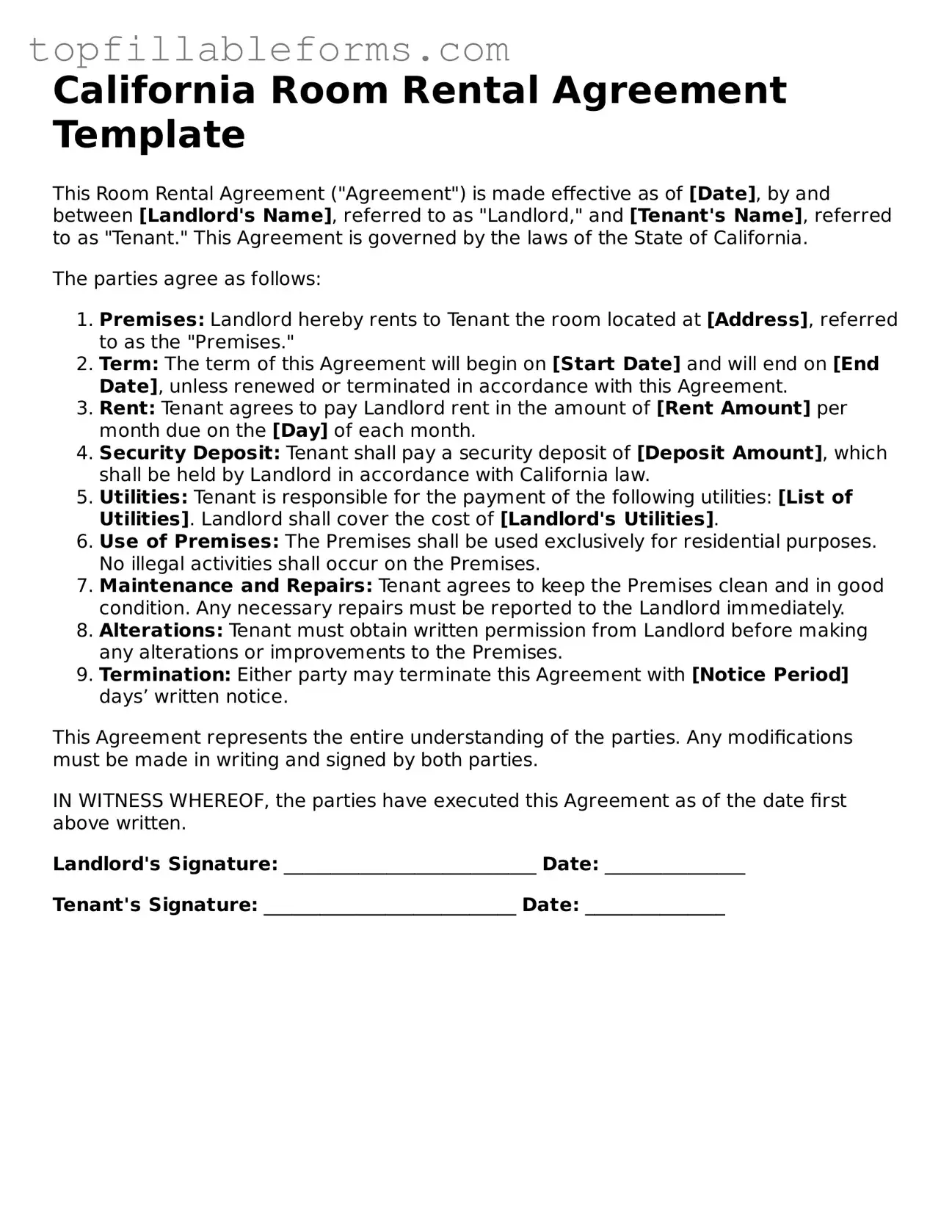 Attorney-Verified  Room Rental Agreement Template for California