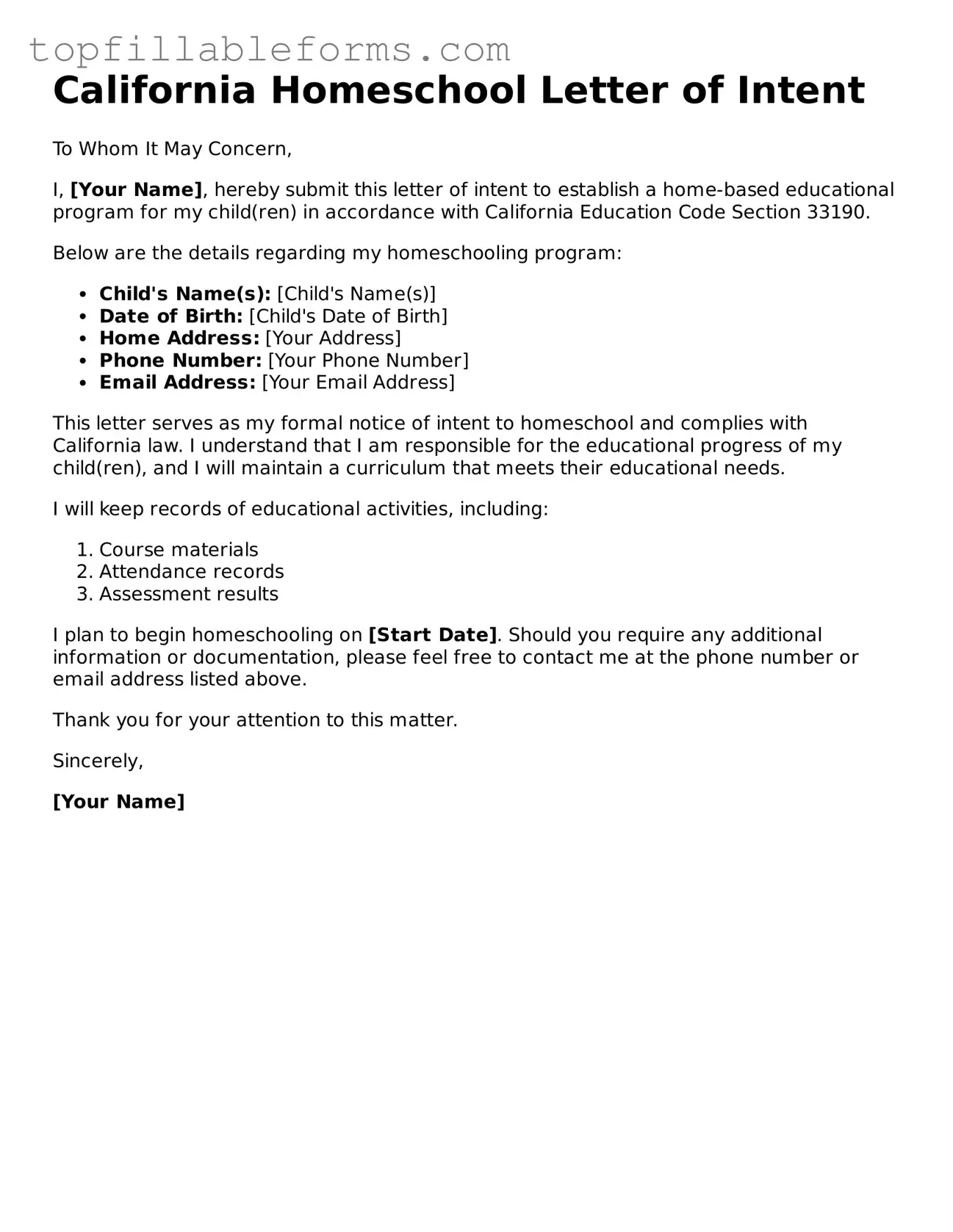 Attorney-Verified  Homeschool Letter of Intent Template for California